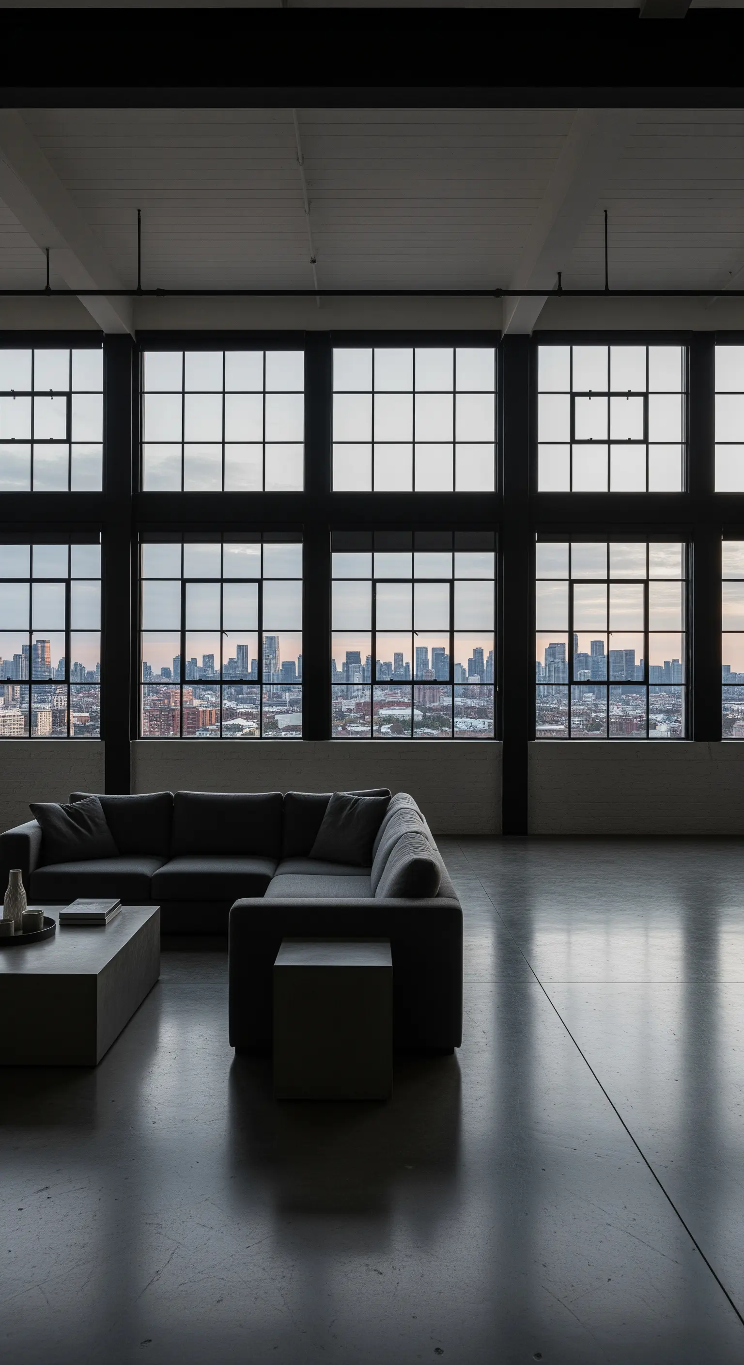 Großes Loft-Wohnzimmer mit riesigen Industriefenstern und Blick auf eine Skyline.