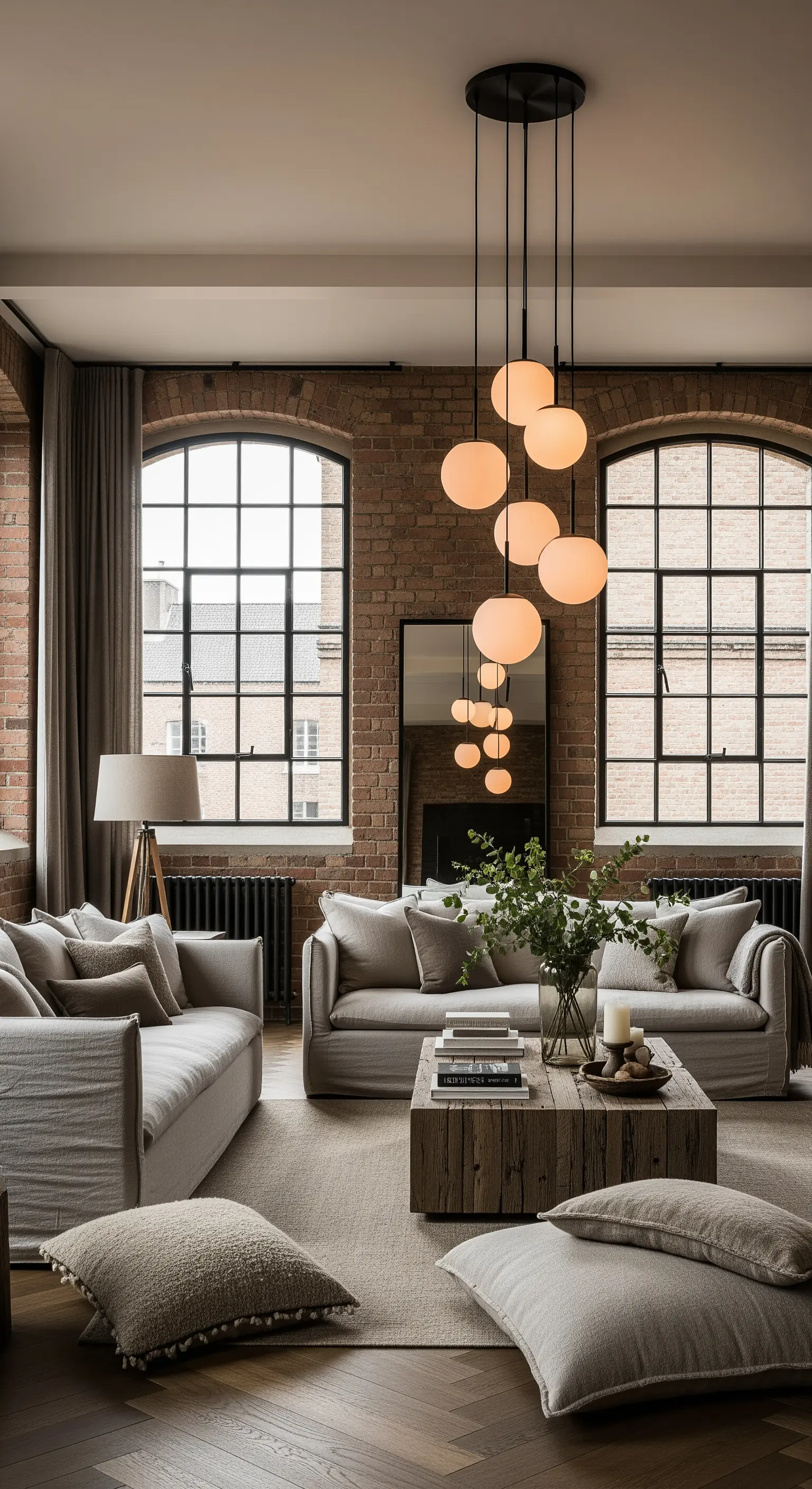 Loft-Wohnzimmer mit Backsteinwand, großen Fenstern und weichen Leinensofas.