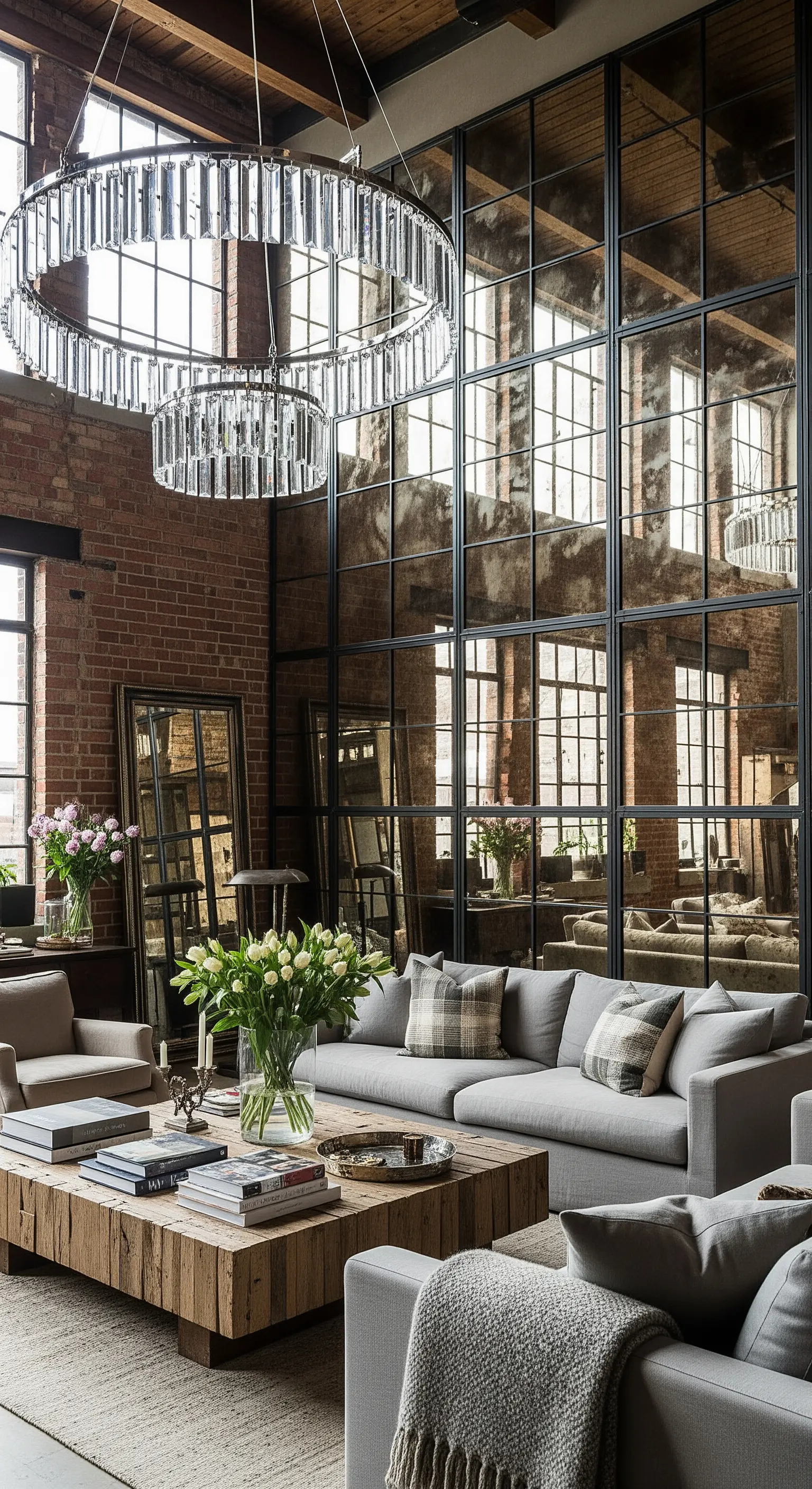 Loft-Wohnzimmer mit Backsteinwand und einer riesigen, industriell gerahmten Spiegelwand.