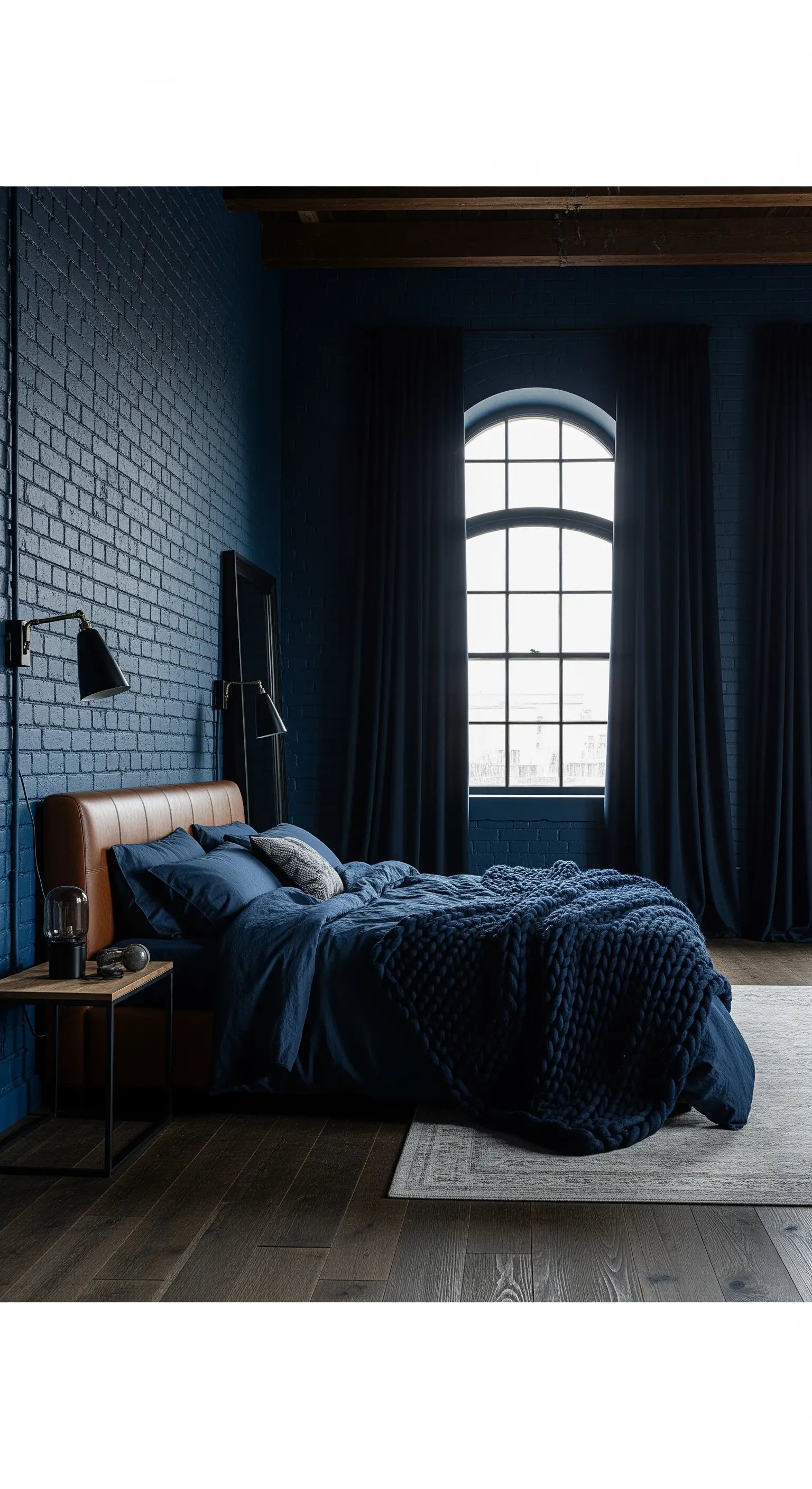 Nachtblaue Ziegelwand mit Leder und Strick im Schlafzimmer