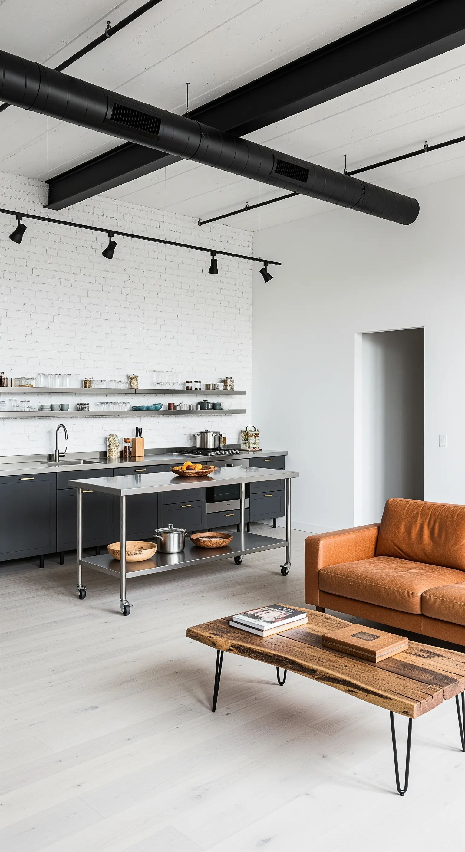 Industrielle offene Küche mit Edelstahl und einer cognacfarbenen Ledercouch.