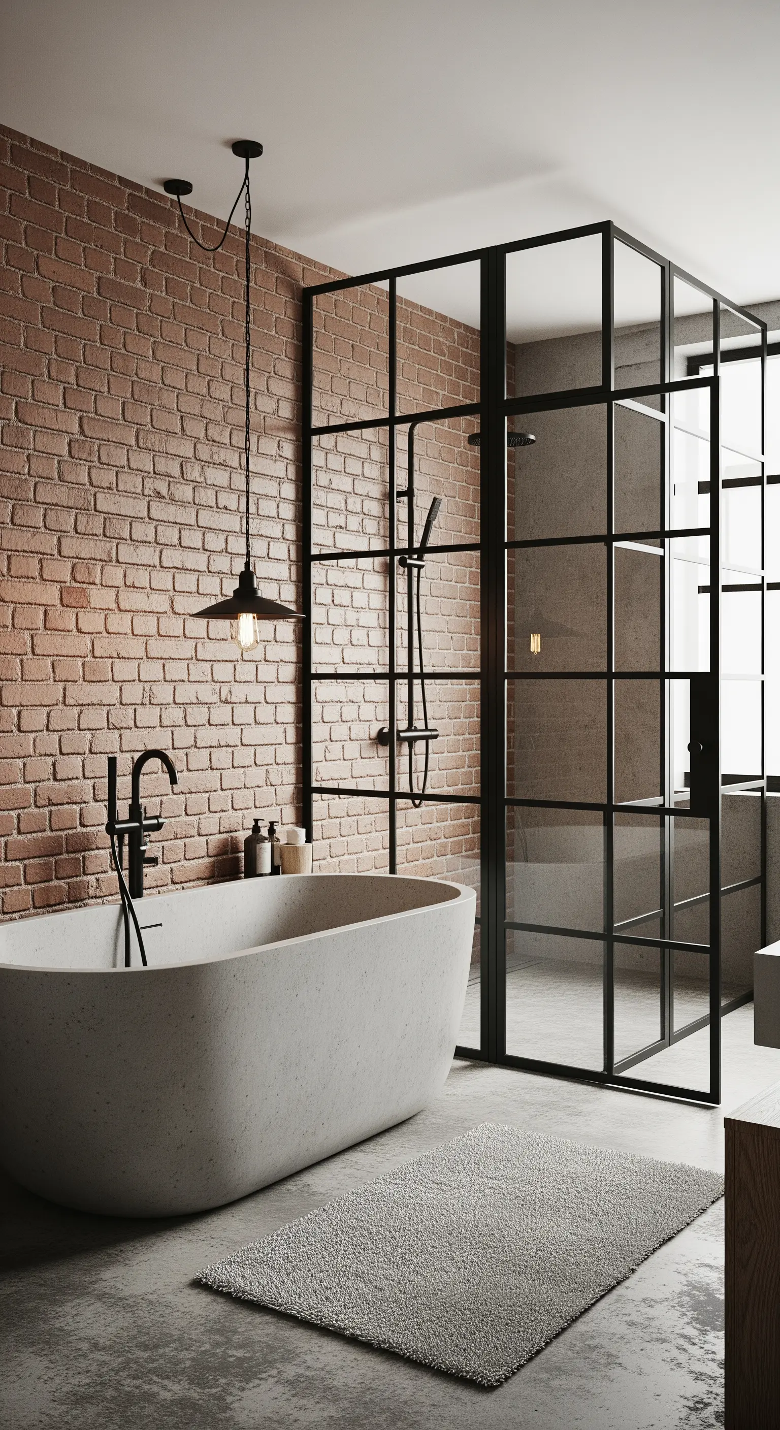 Freistehende Badewanne in Betonoptik vor einer roten Ziegelwand im Industrial-Stil.