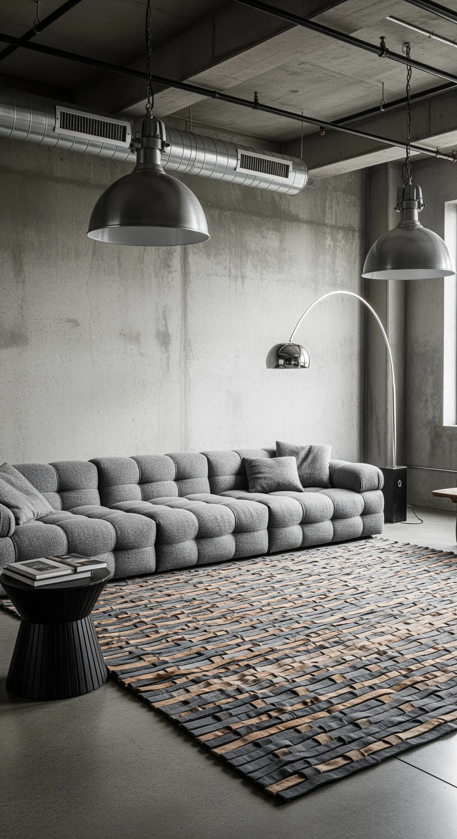 Wohnzimmer im Industrial-Stil mit Betonwänden, einem großen grauen Sofa und Fabriklampen.