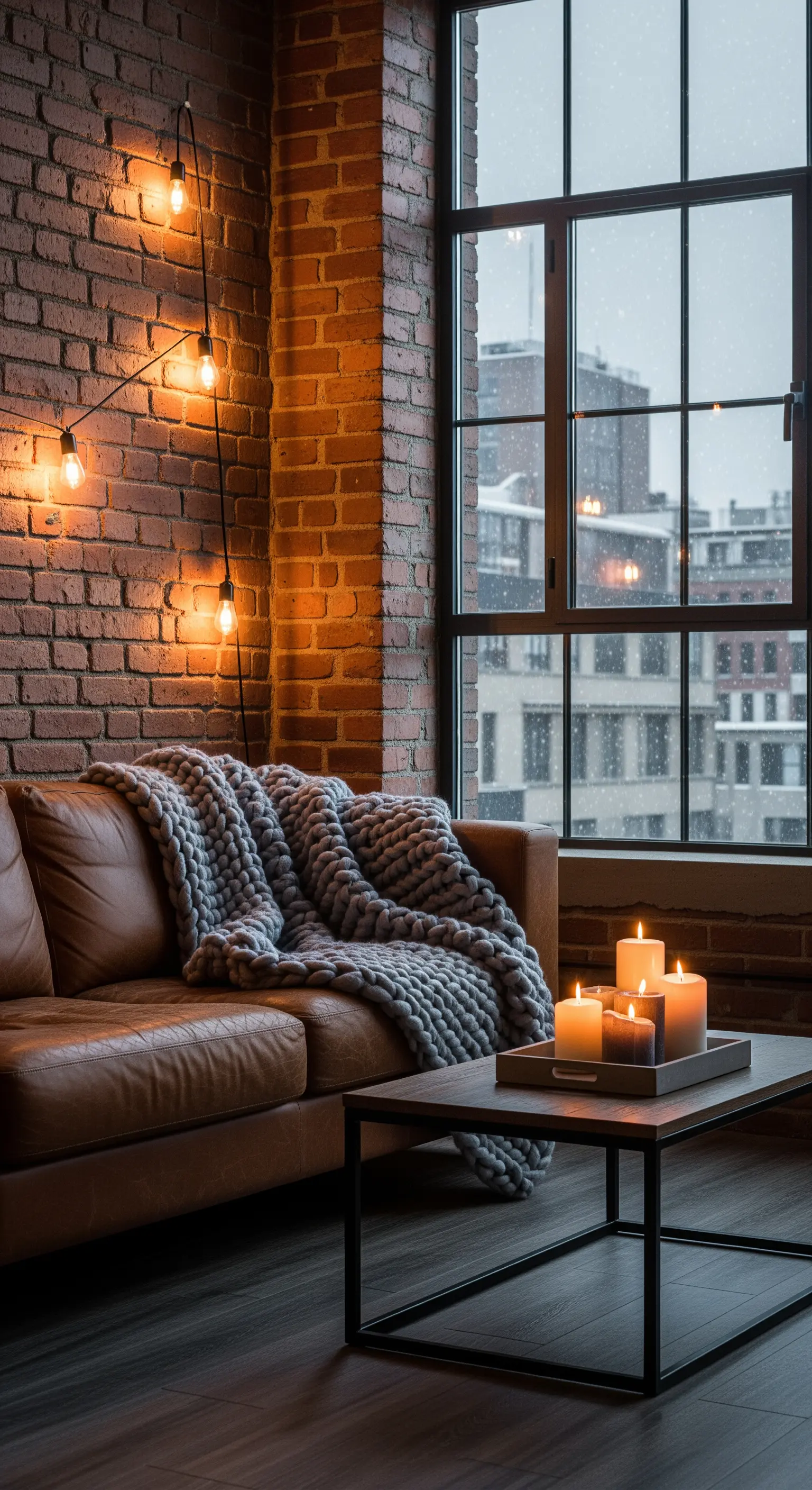 Ledersofa in einem Loft mit Backsteinwand, dekoriert mit einer groben Strickdecke und Lichterkette.