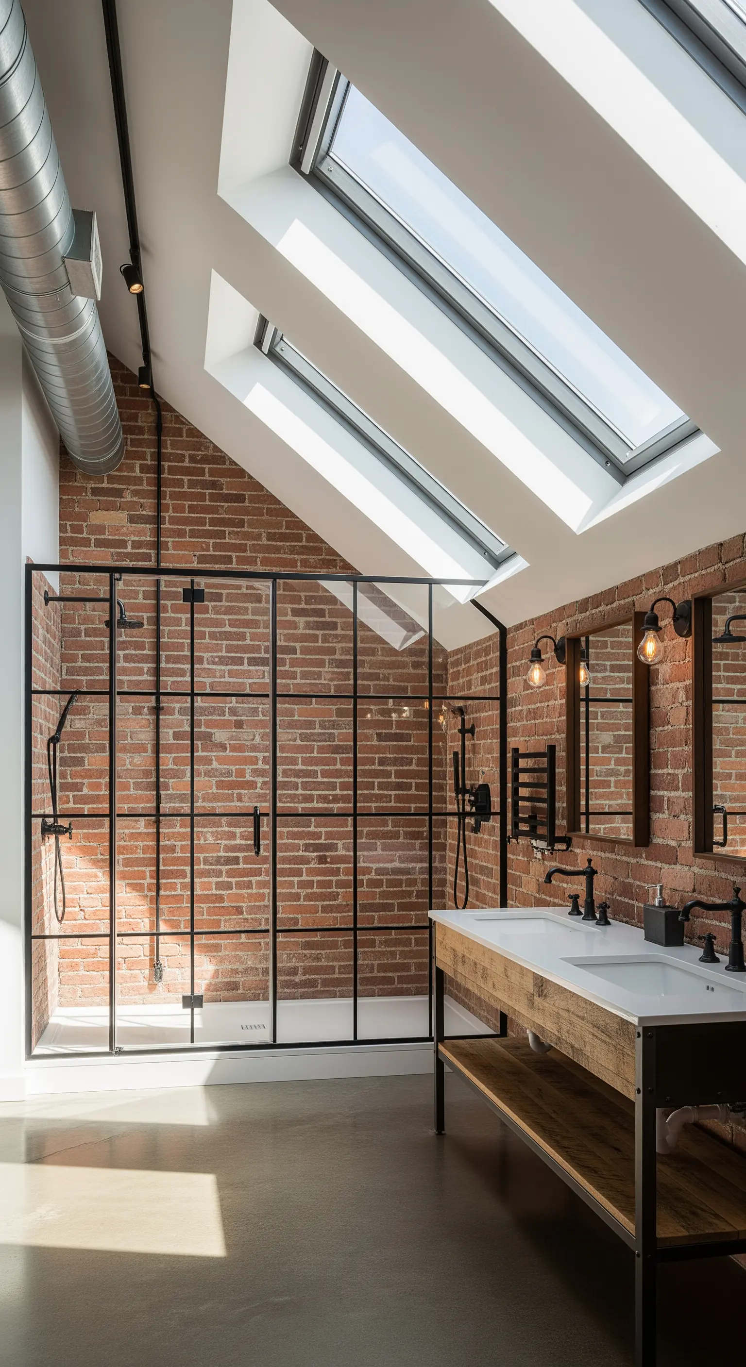 Badezimmer im Industrial-Stil mit Ziegelwänden, schwarzer Dusche und großen Dachfenstern.