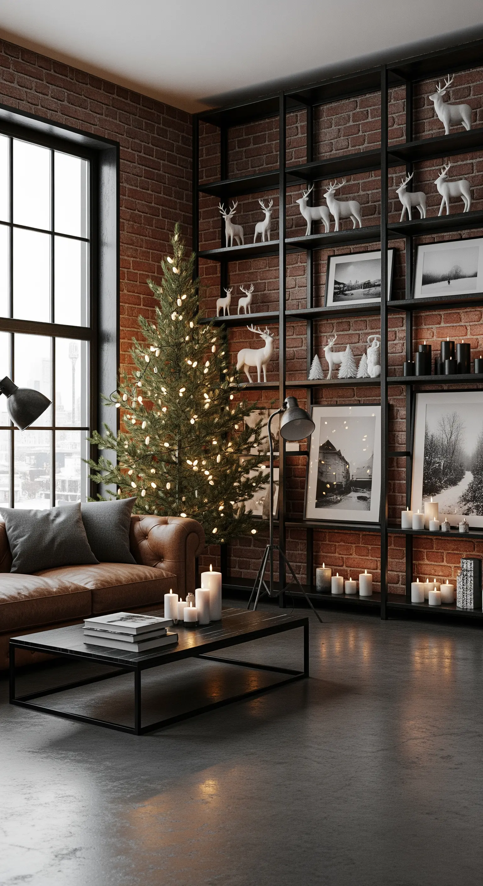 Industrielles Wohnzimmer mit Weihnachtsbaum, Regal und weißen Hirsch-Figuren.