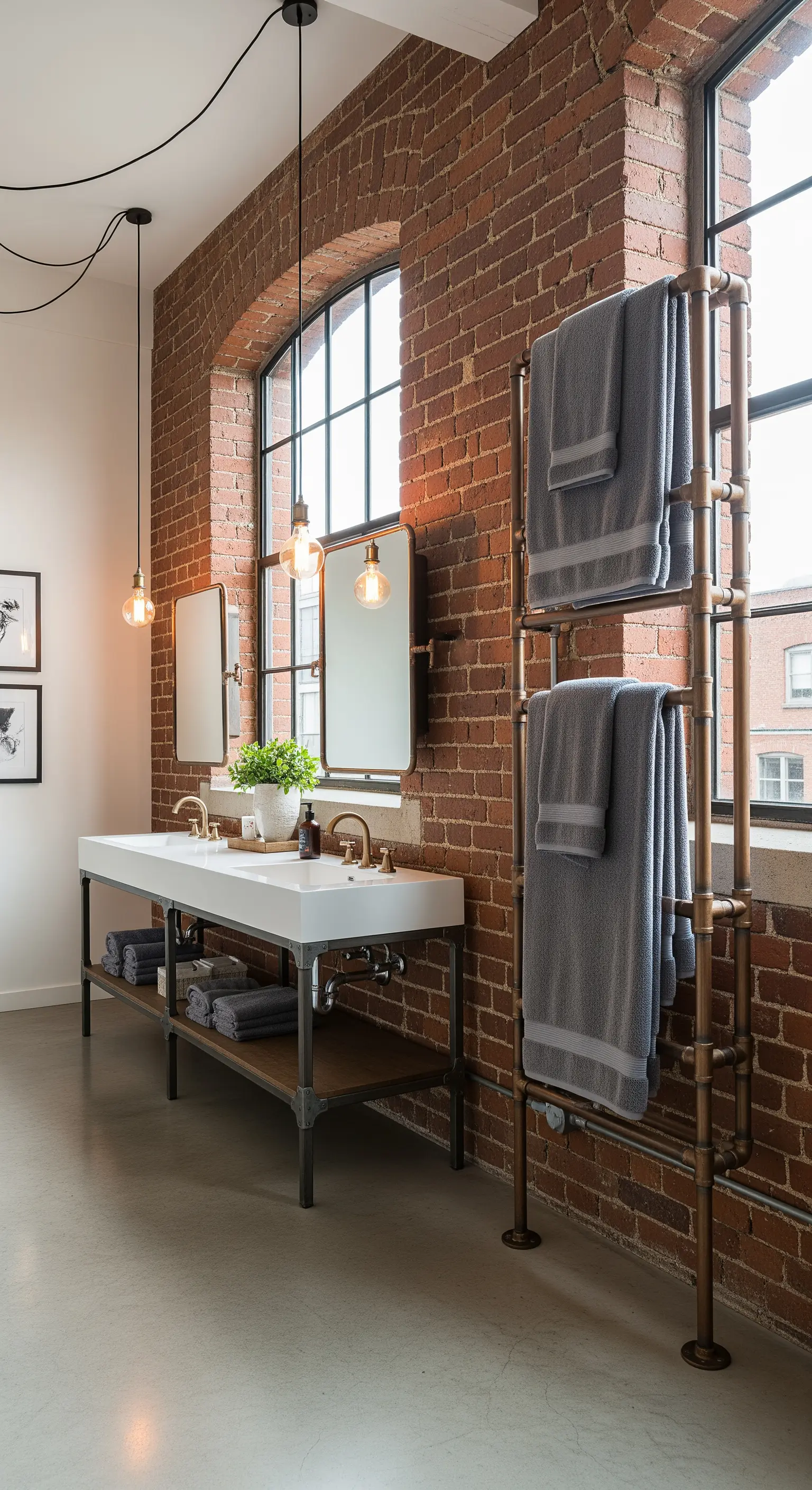 Handtuchwärmer aus bronzefarbenen Rohren an einer Backsteinwand im Industrie-Stil.
