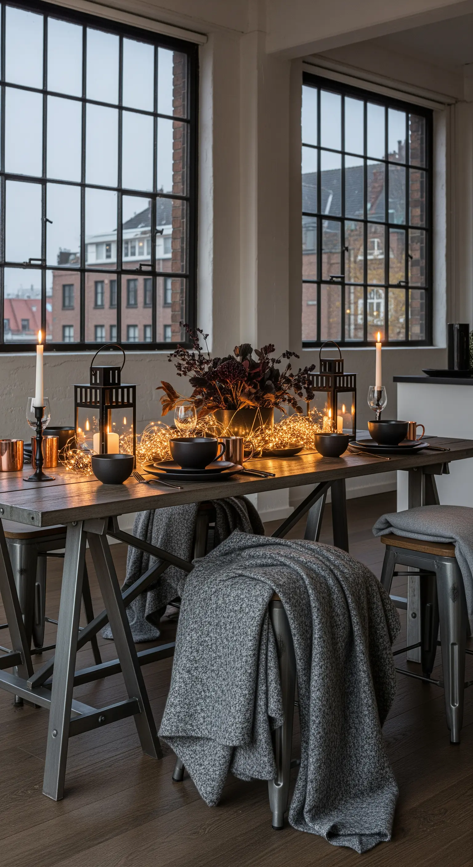 Industrielle Herbsttafel, schwarze Keramik, Laternen, Lichterketten, graue Plaids.
