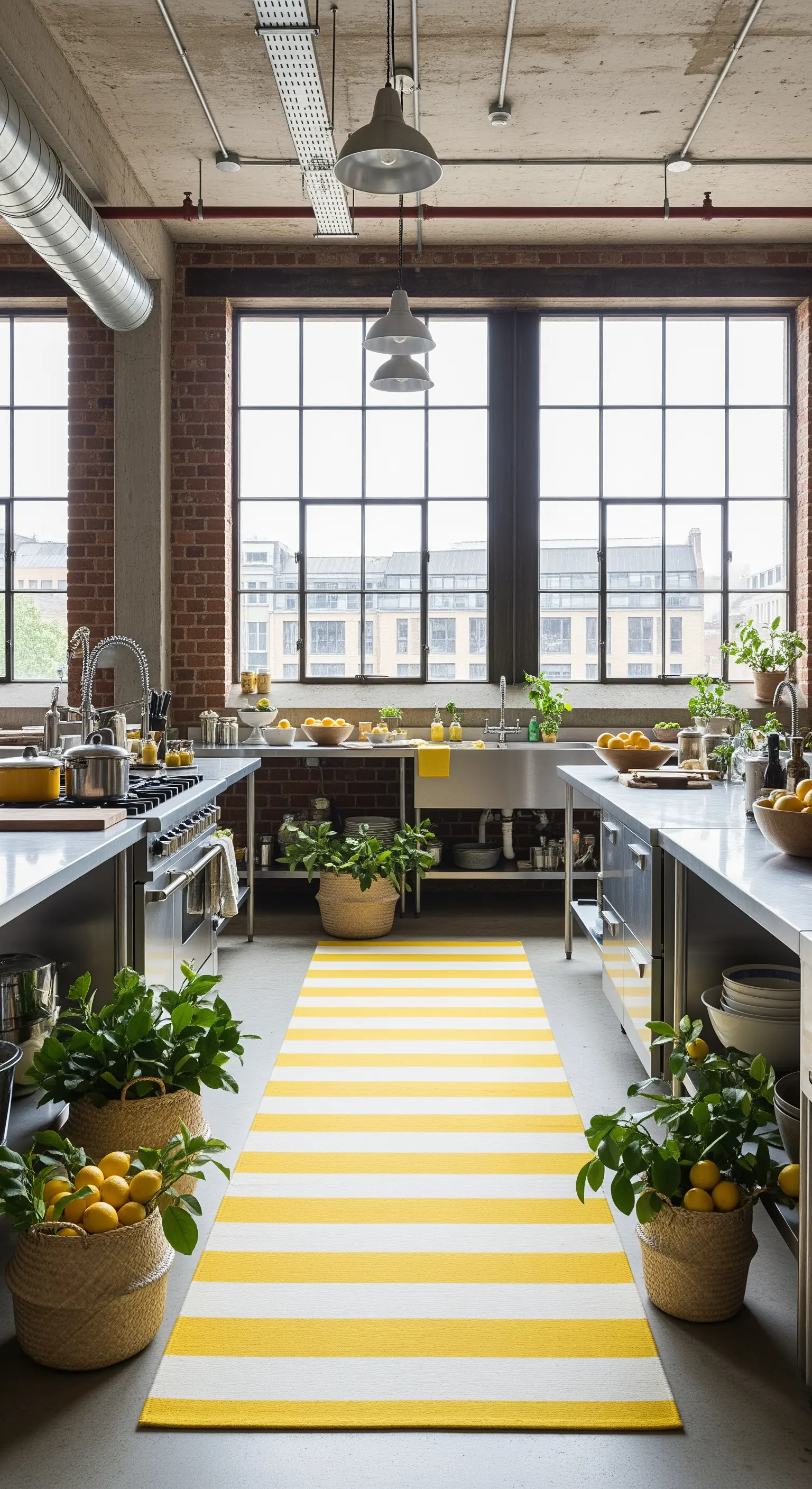 Industrielle Küche mit gelb-weißem Teppich und Zitronenbäumchen