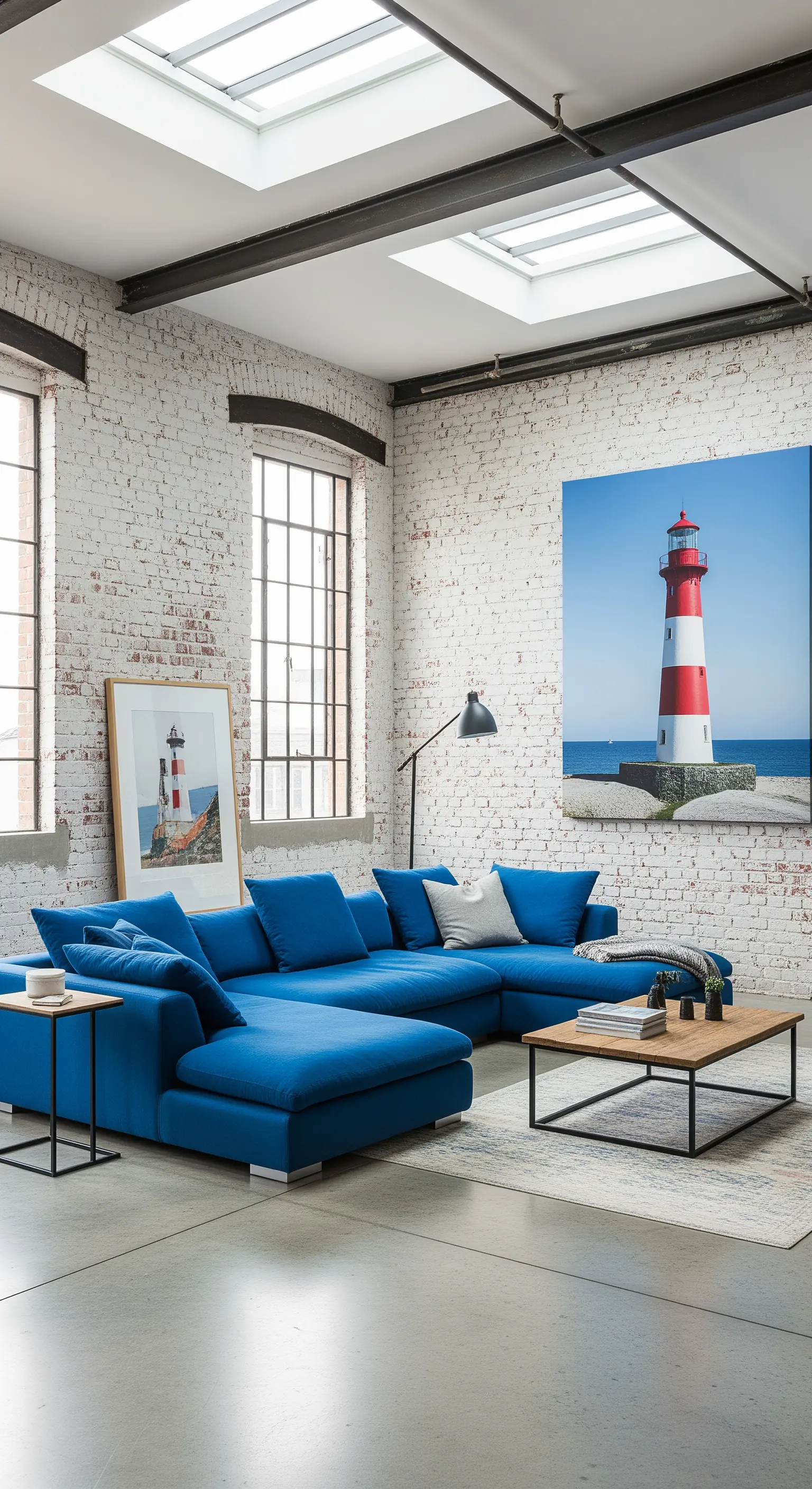 Loft-Wohnzimmer mit königsblauem Sofa, Backsteinwand und Leuchtturm-Kunst