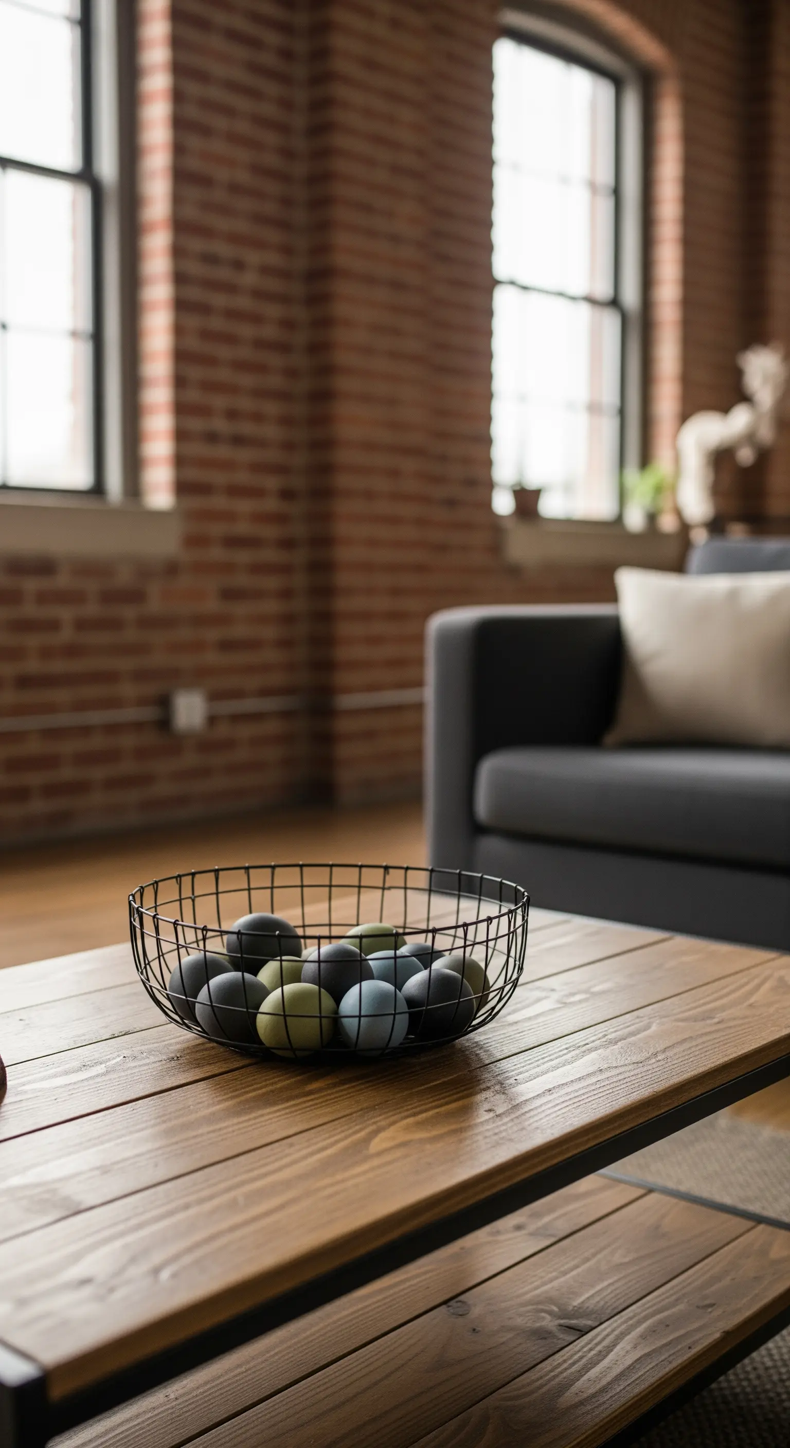 Schwarzer Drahtkorb mit dunklen Ostereiern auf einem Holztisch in einem Loft.