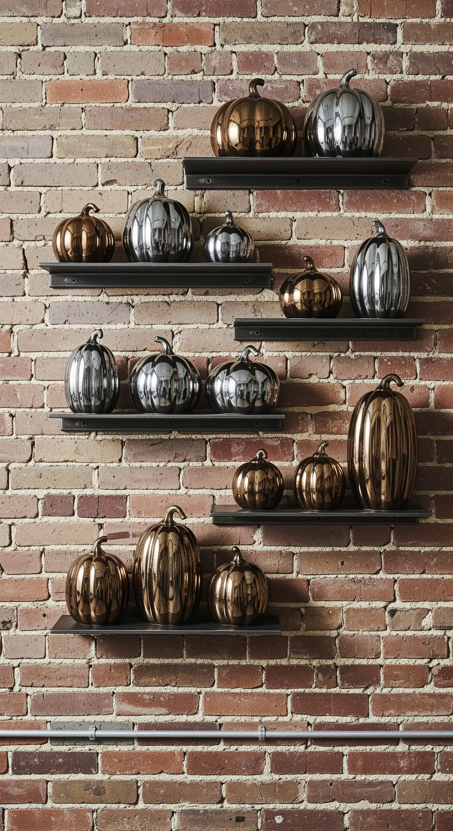 Backsteinwand mit dunklen Metallregalen, darauf silberne und bronzefarbene Keramikkürbisse.