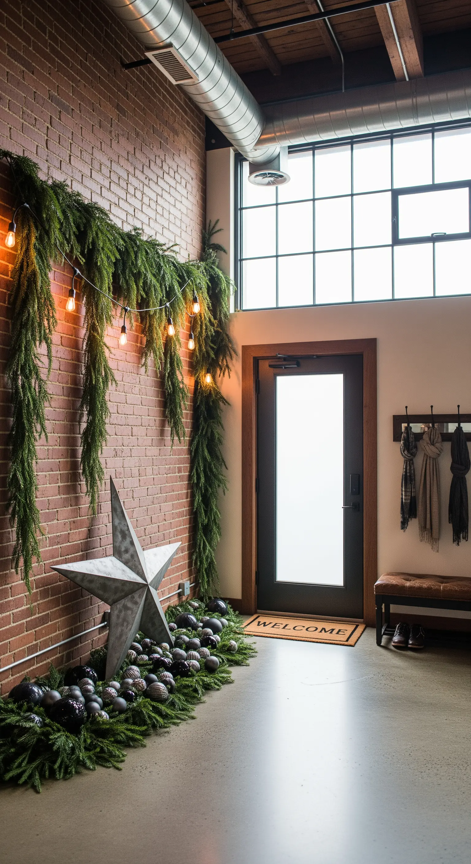 Industrieller Eingang mit Tannengirlande, Glühbirnen-Lichterkette und großem Metallstern.