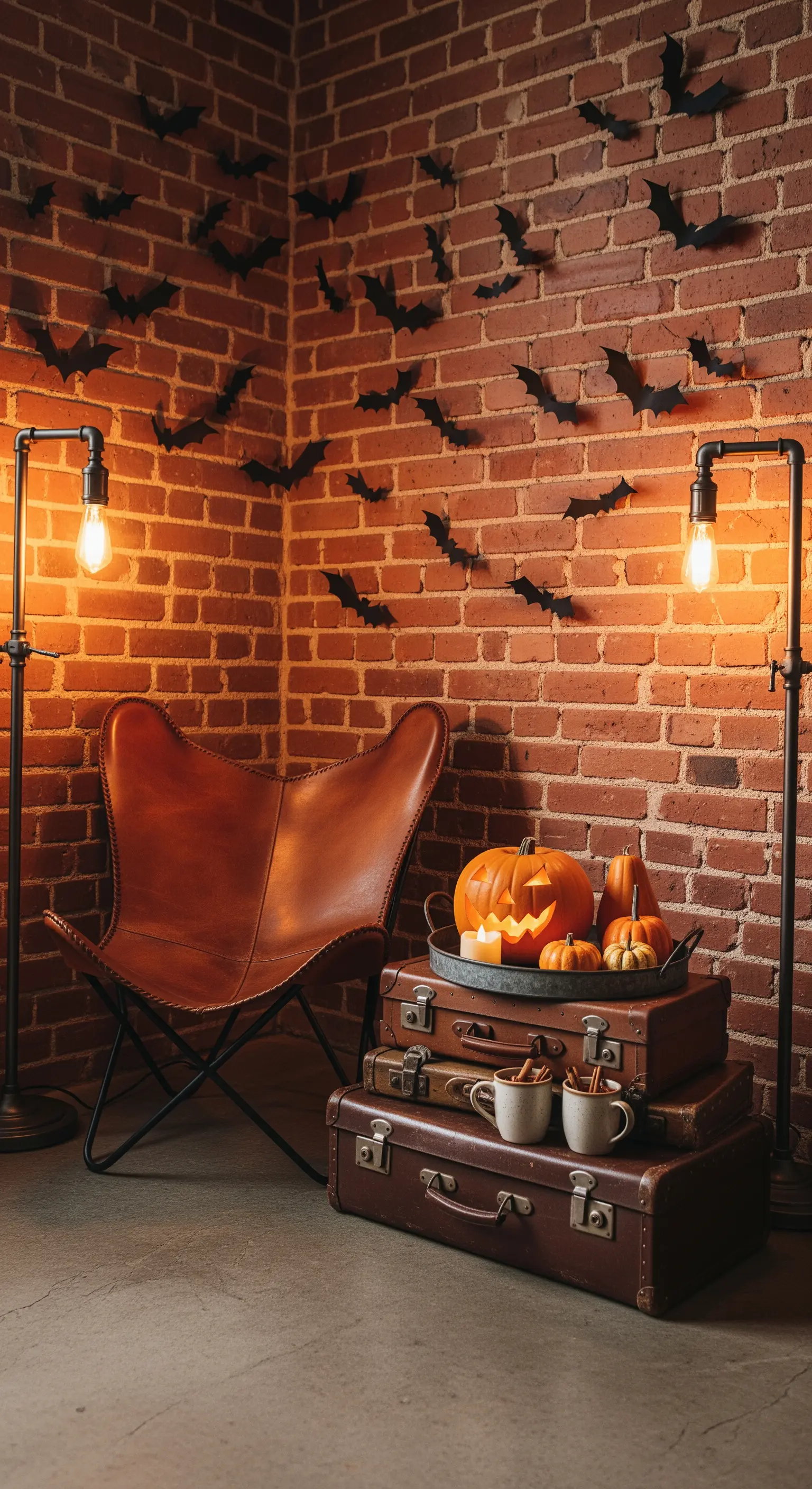 Industrielle Halloween-Ecke mit Ziegelwand, Fledermäusen, Stehleuchten und Vintage-Koffern