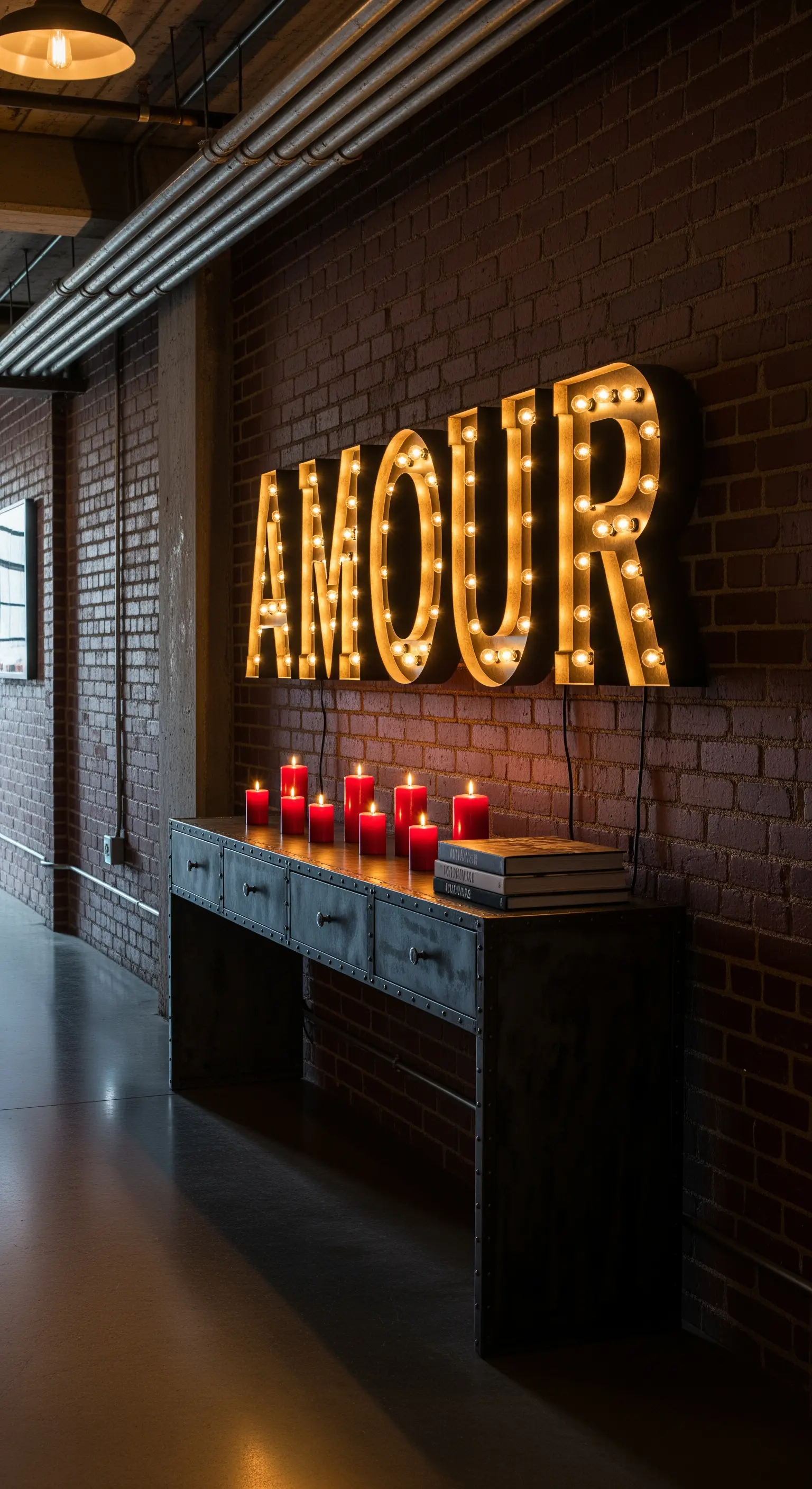 Ziegelwand mit beleuchtetem AMOUR-Schild, Metallkonsole und roten Kerzen.