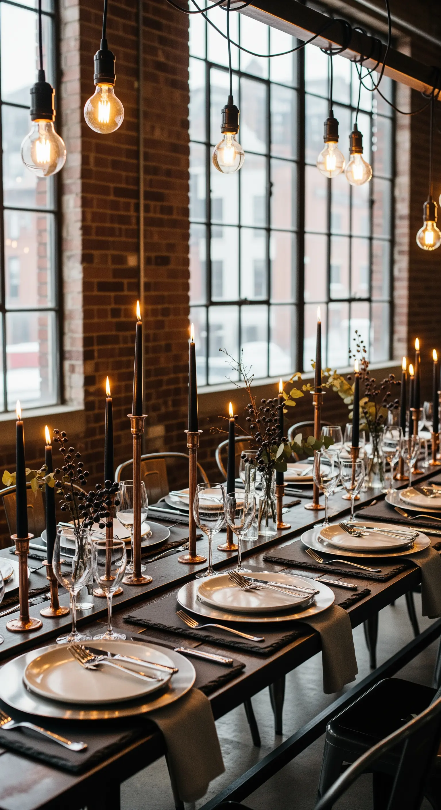 Industrieller Tisch mit schwarzen Kerzen, Kupferdetails und Edison-Glühbirnen