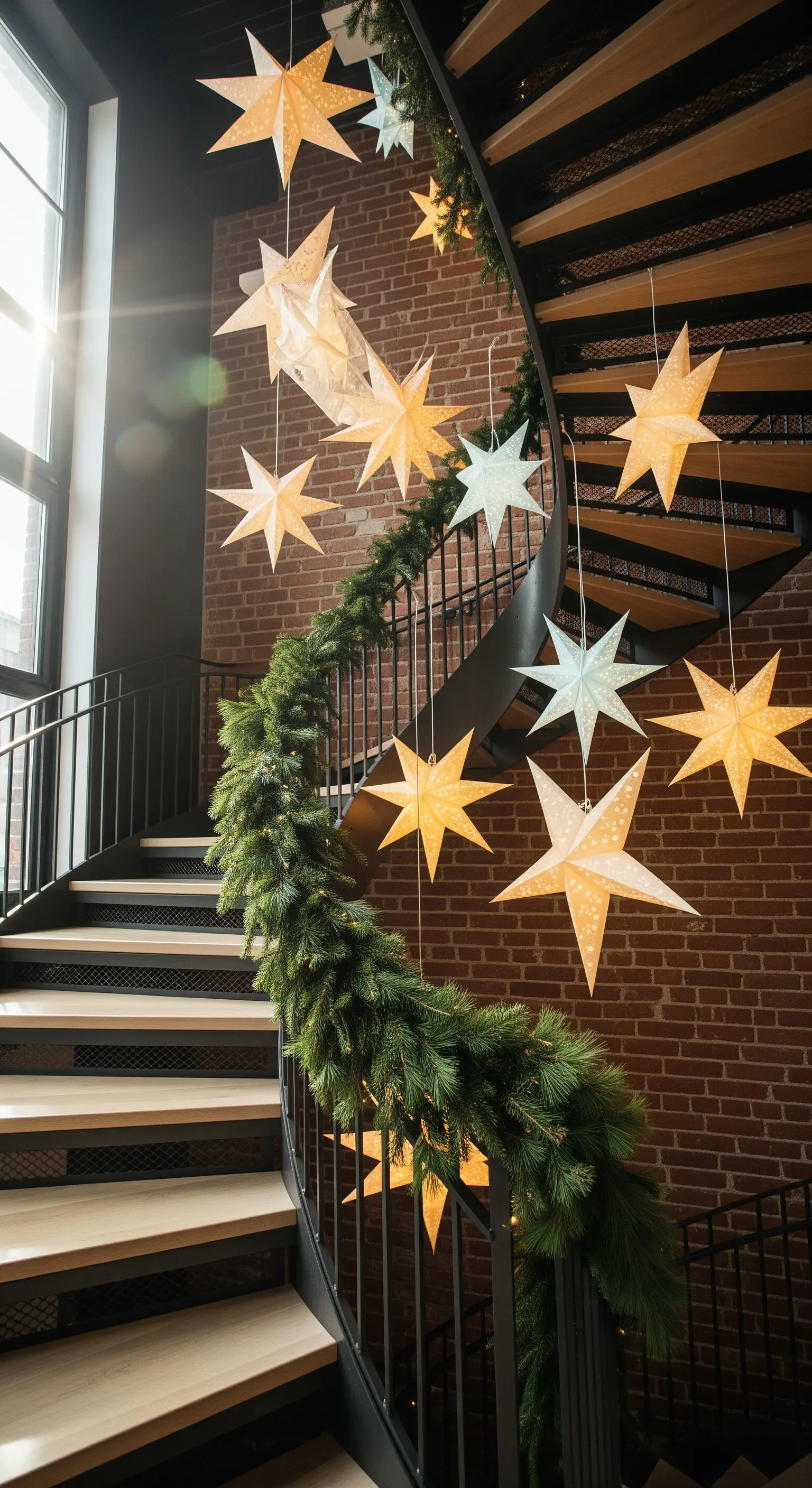 Wendeltreppe mit Tannengirlande und großen Papiersternen in industrieller Umgebung.