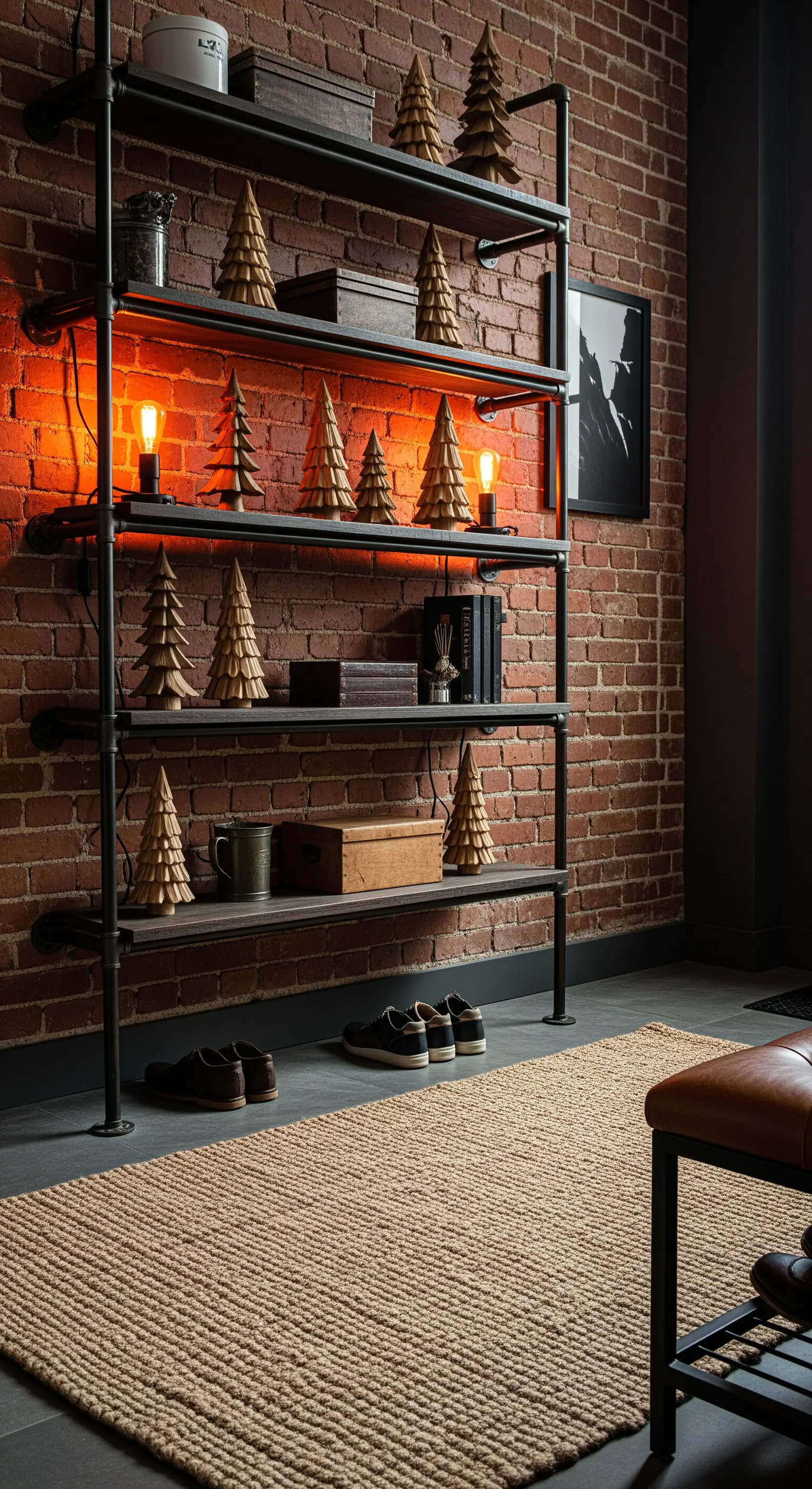 Industrial-Regal mit Holzbäumen, Edison-Lampen vor Ziegelwand und Jute-Teppich