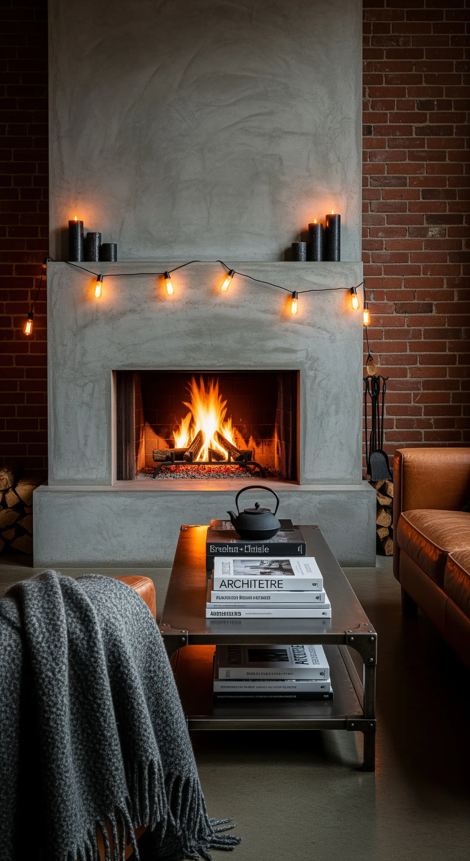 Beton-Kamin vor Ziegelwand mit Lichterketten und schwarzen Kerzen, industrieller Stil.