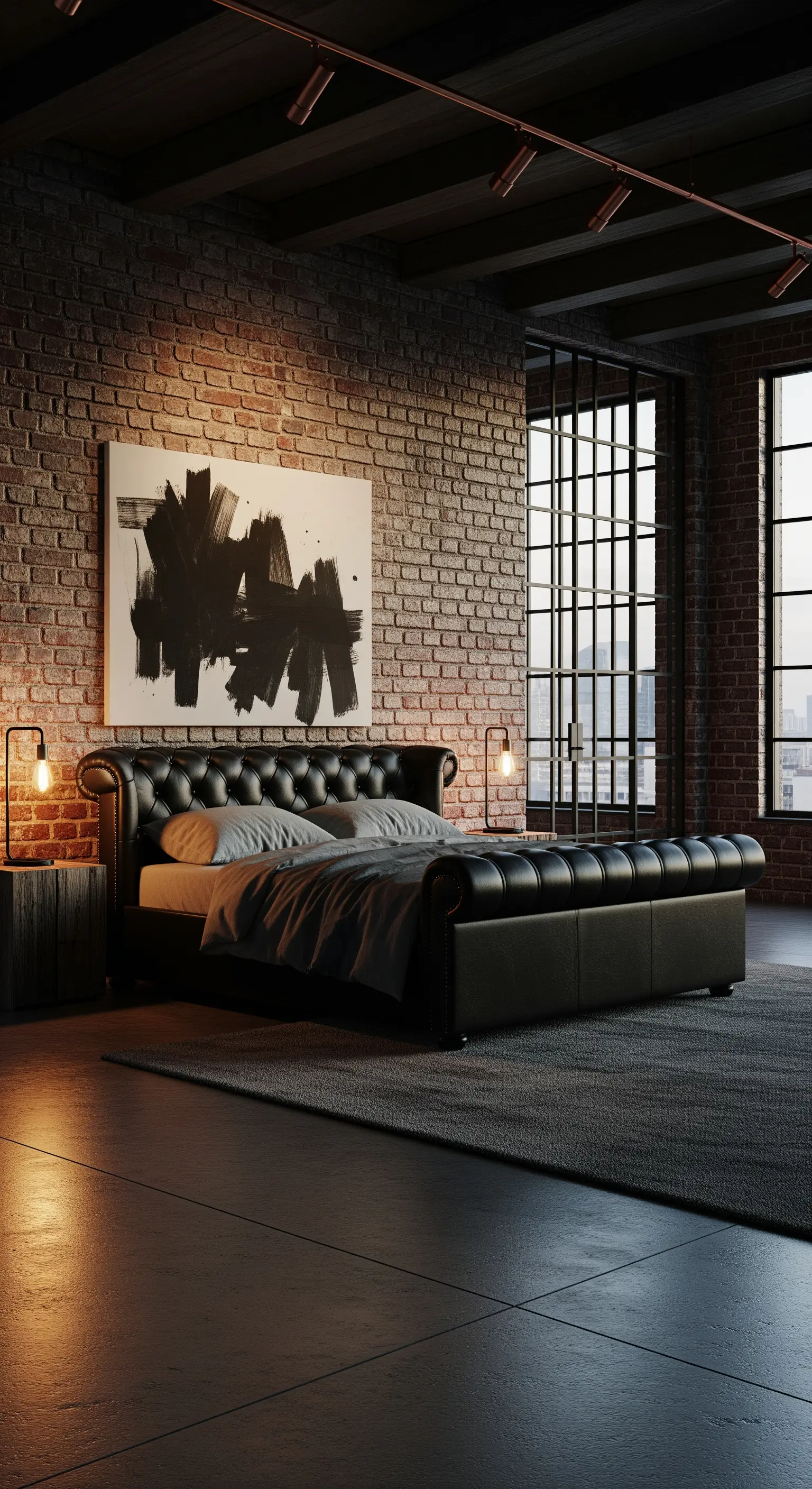 Schlafzimmer mit Ziegelwand, schwarzem Chesterfield-Lederbett und industriellen Fenstern