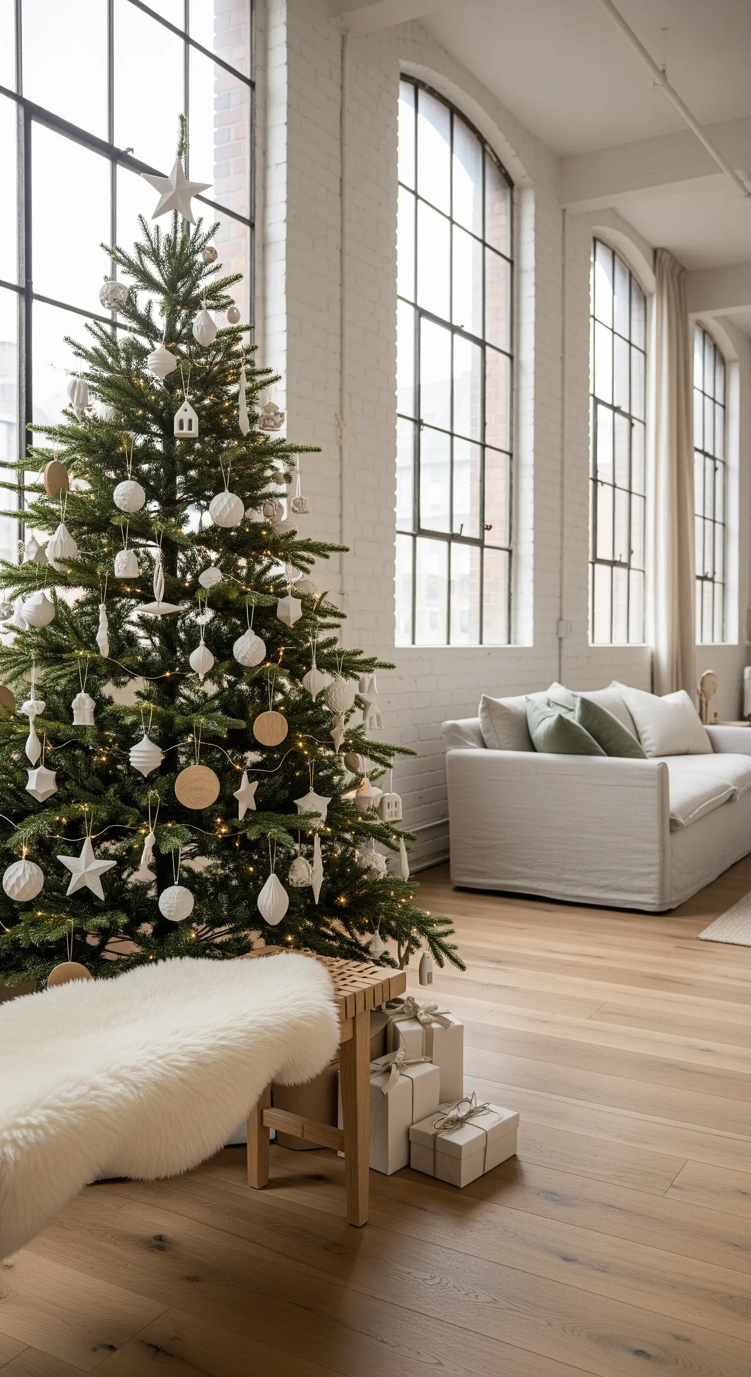 Weihnachtsbaum in Weiß-Naturholz-Tönen, hoher Raum, weiße Geschenke, Fellhocker.