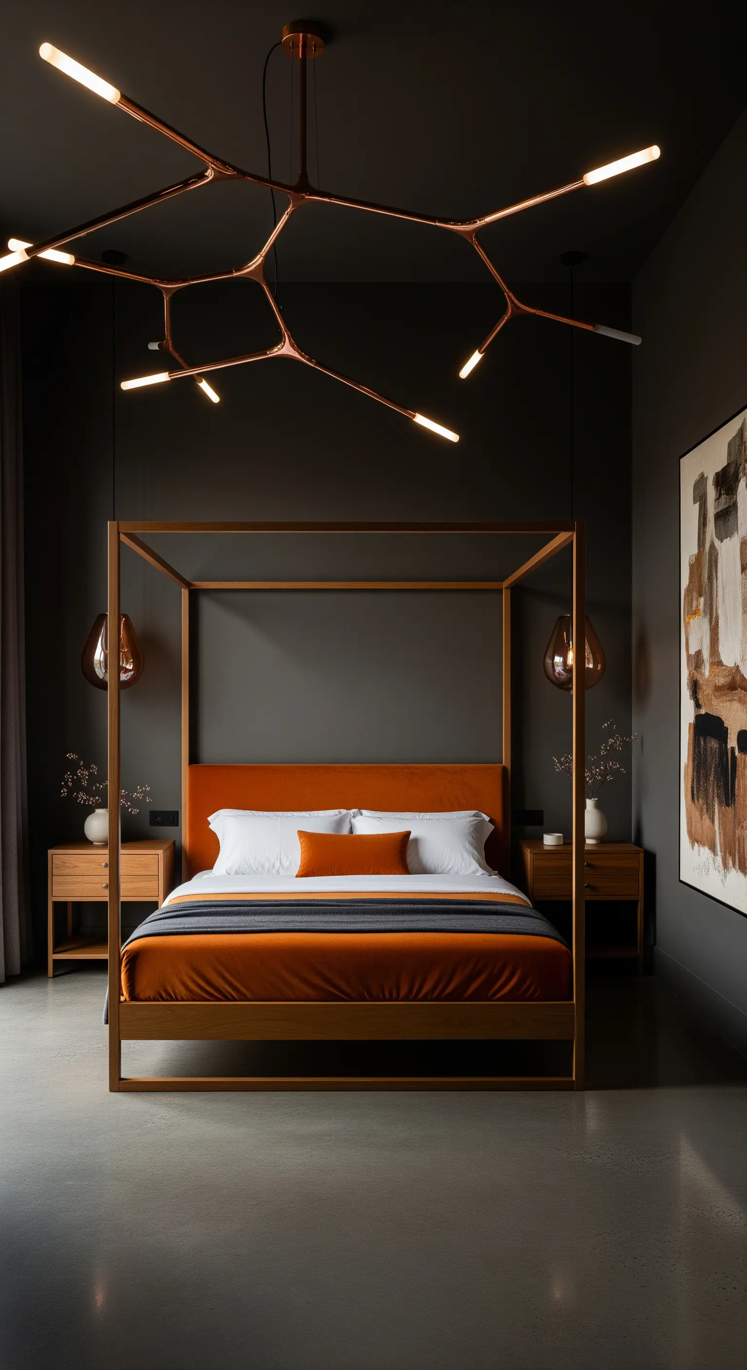 Himmelbett, Rostorange, Kupferbeleuchtung, Anthrazit, industrieller Glamour