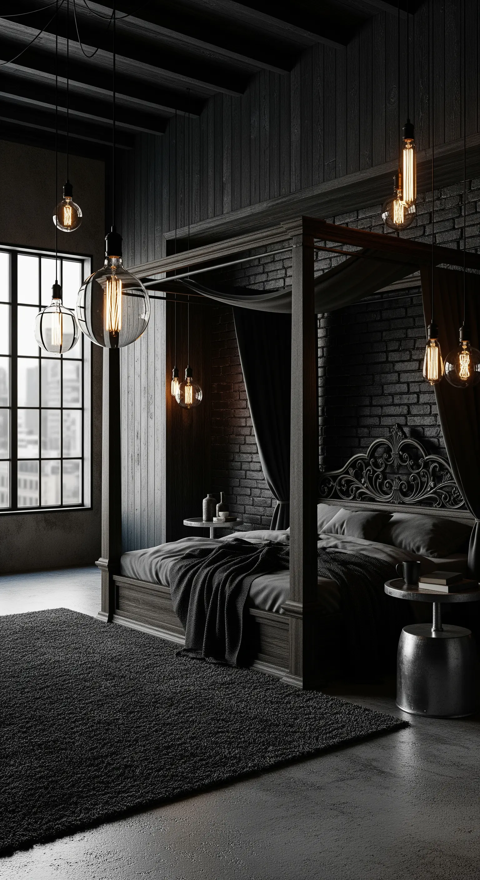 Himmelbett, Backsteinwand, Edison-Pendelleuchten