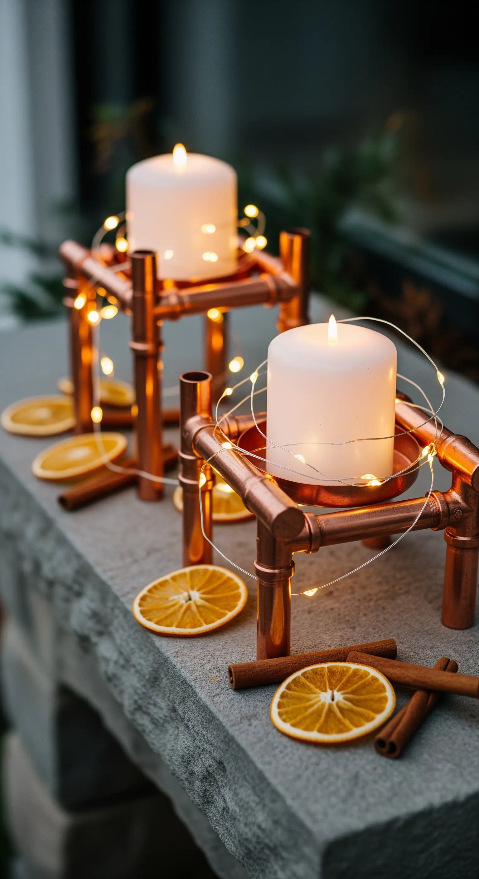 DIY-Kerzenständer aus Kupferrohren mit weißen Kerzen, Lichterketten, Orangenscheiben und Zimtstangen.