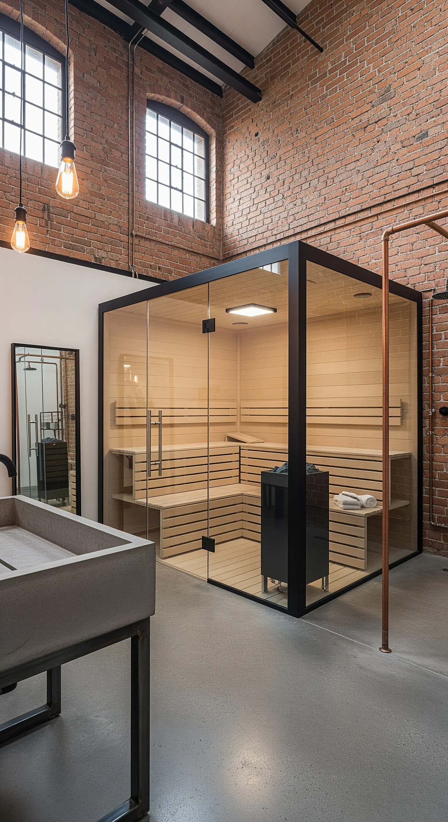 Sauna als Glaskubus in einem Badezimmer im Industrial-Loft-Stil.