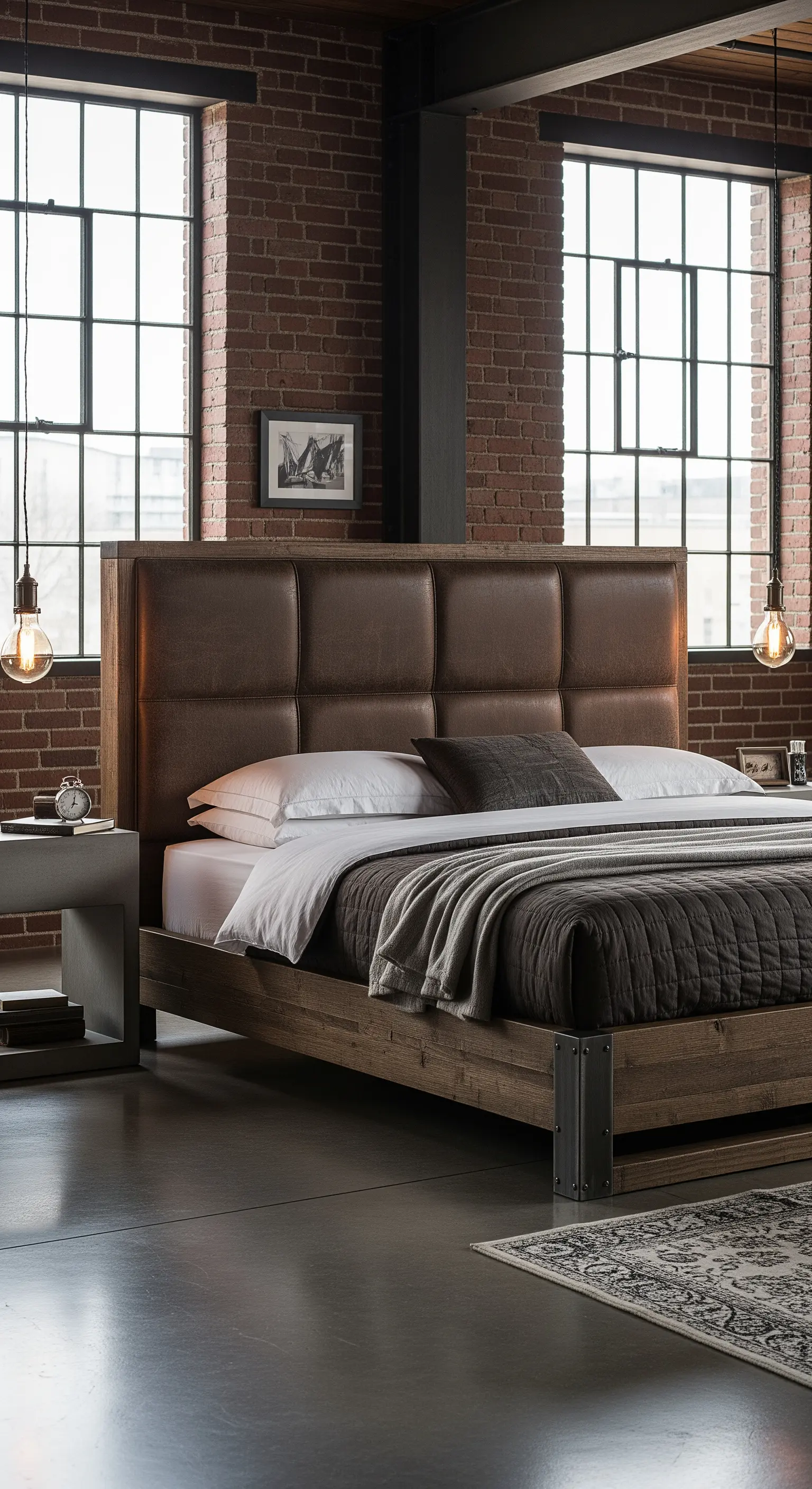 Bett mit braunem Leder-Kopfteil in einem industriellen Loft mit Ziegelwand