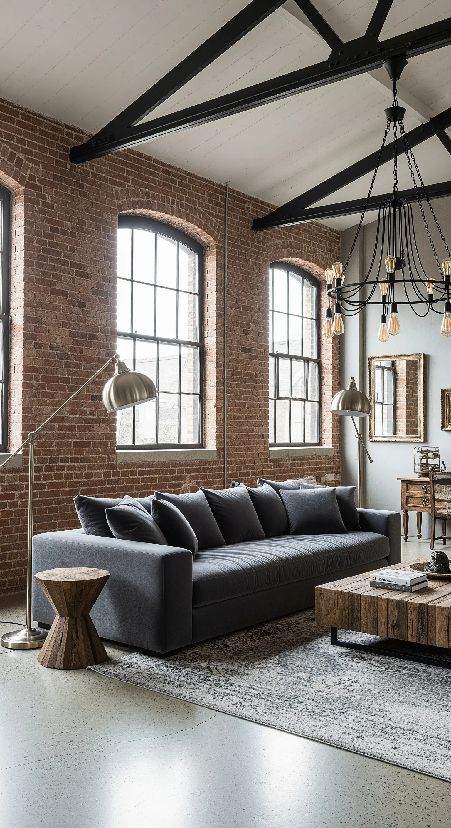 Graues Sofa in einem Loft mit Backsteinwänden, Stahlträgern und grossen Bogenlampen.