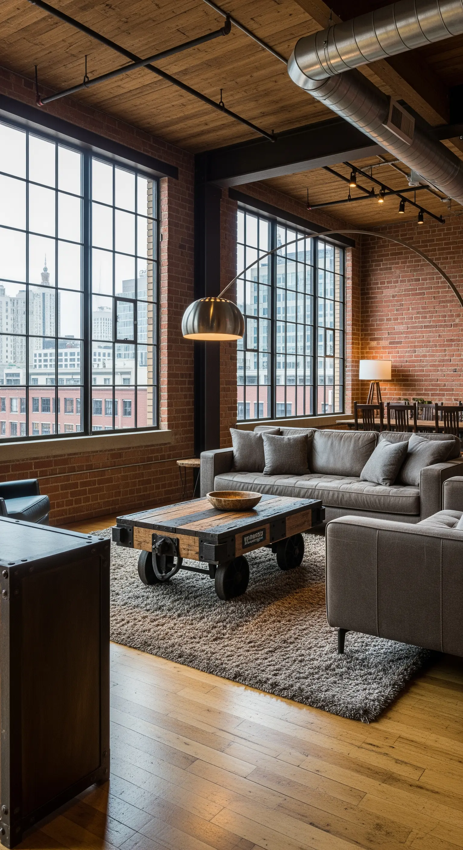 Loft-Wohnzimmer mit Backsteinwänden, großen Fenstern und Holzboden.