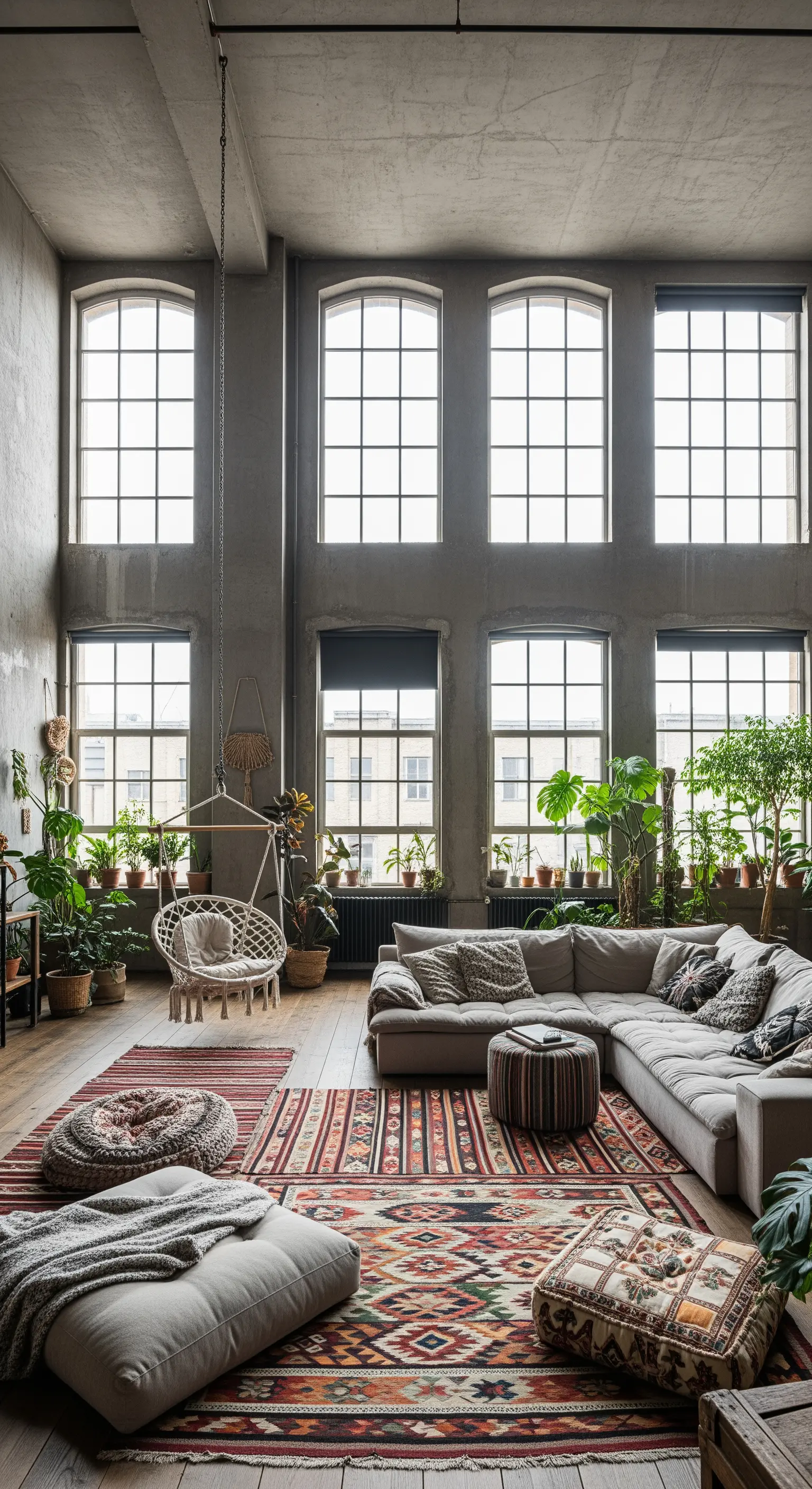 Großes Loft-Wohnzimmer mit Betonwänden, farbenfrohen Kelim-Teppichen und vielen Pflanzen.
