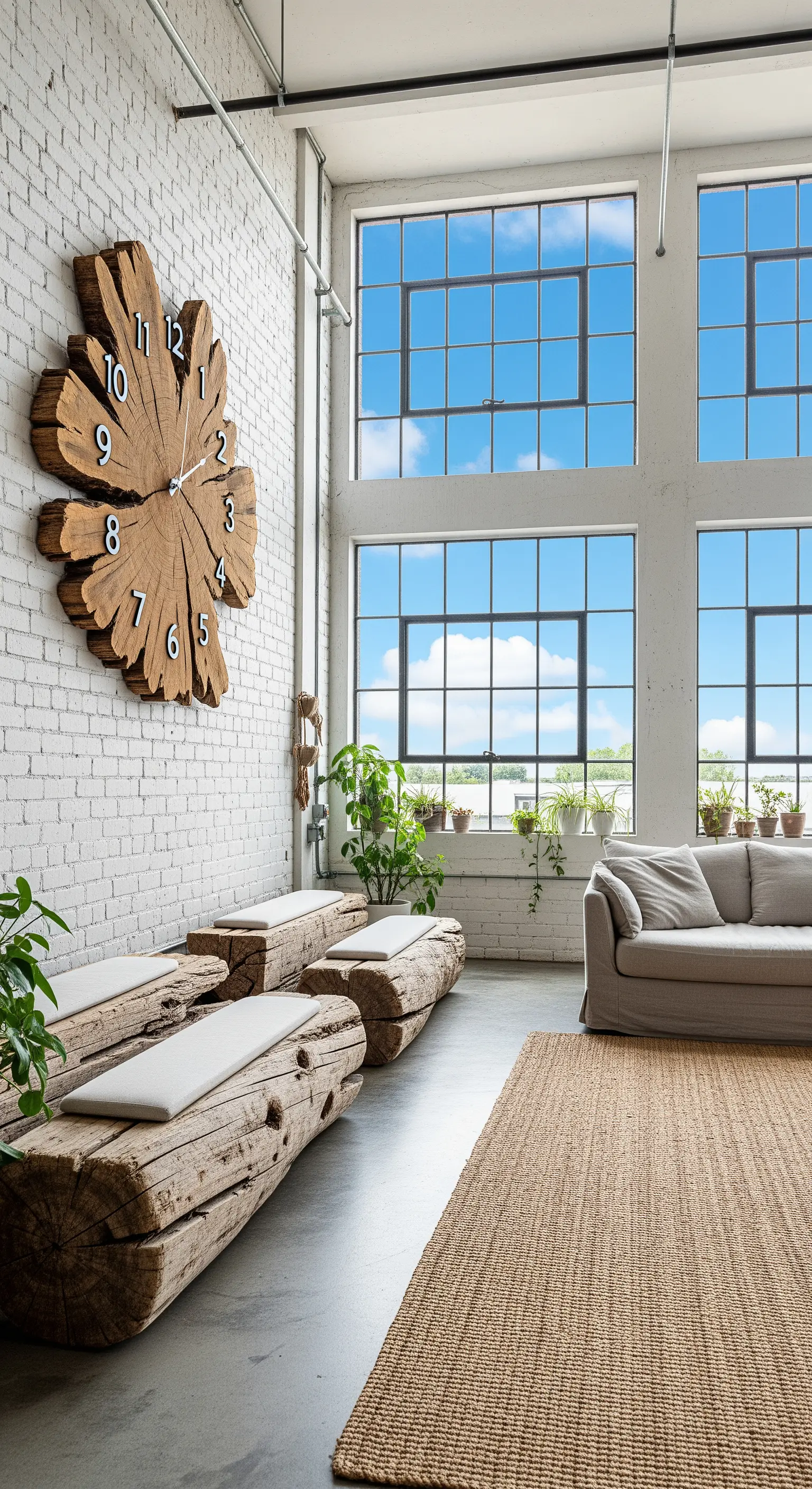 Loft Wohnzimmer mit großer Holzwanduhr und Baumstammbänken