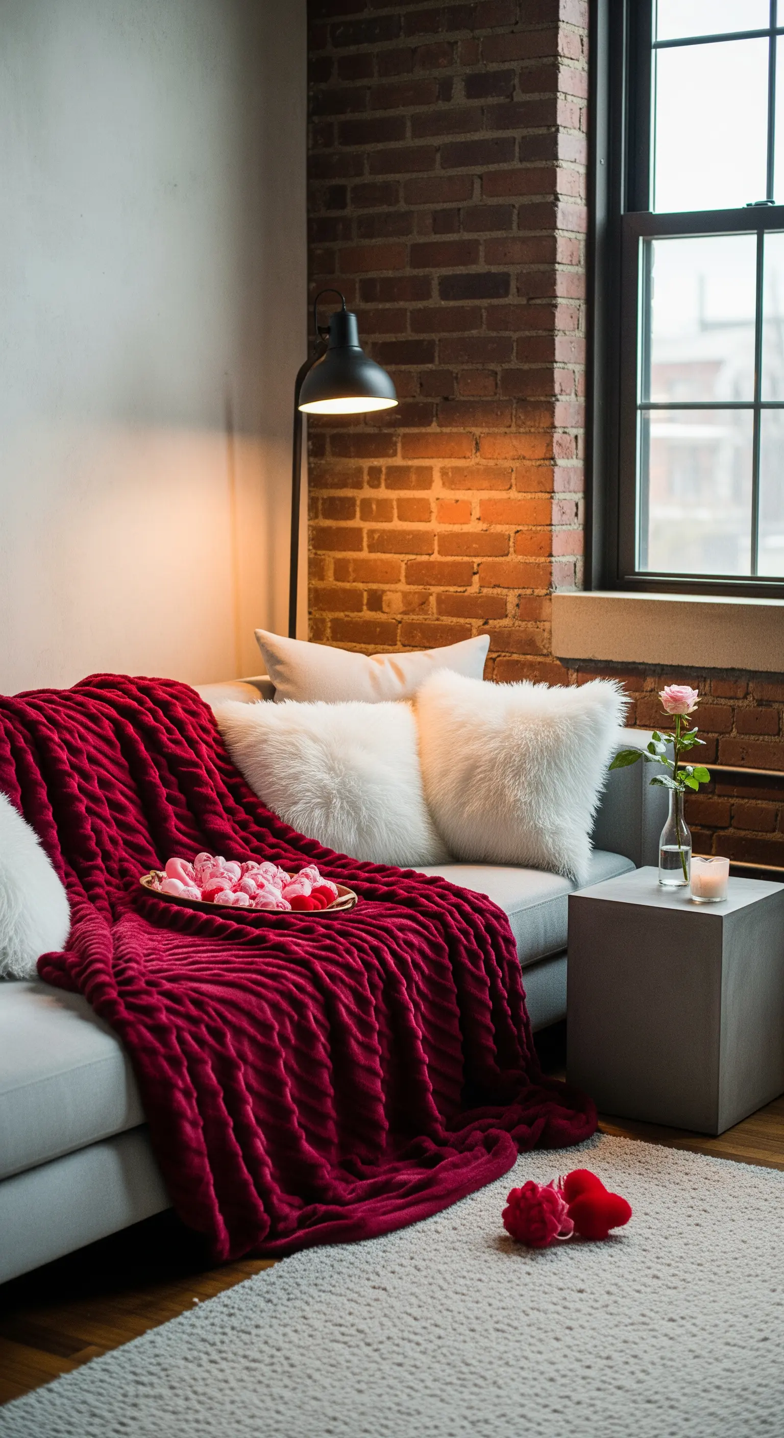 Modernes Sofa in einem Loft mit Backsteinwand, bedeckt mit einer dicken roten Strickdecke.