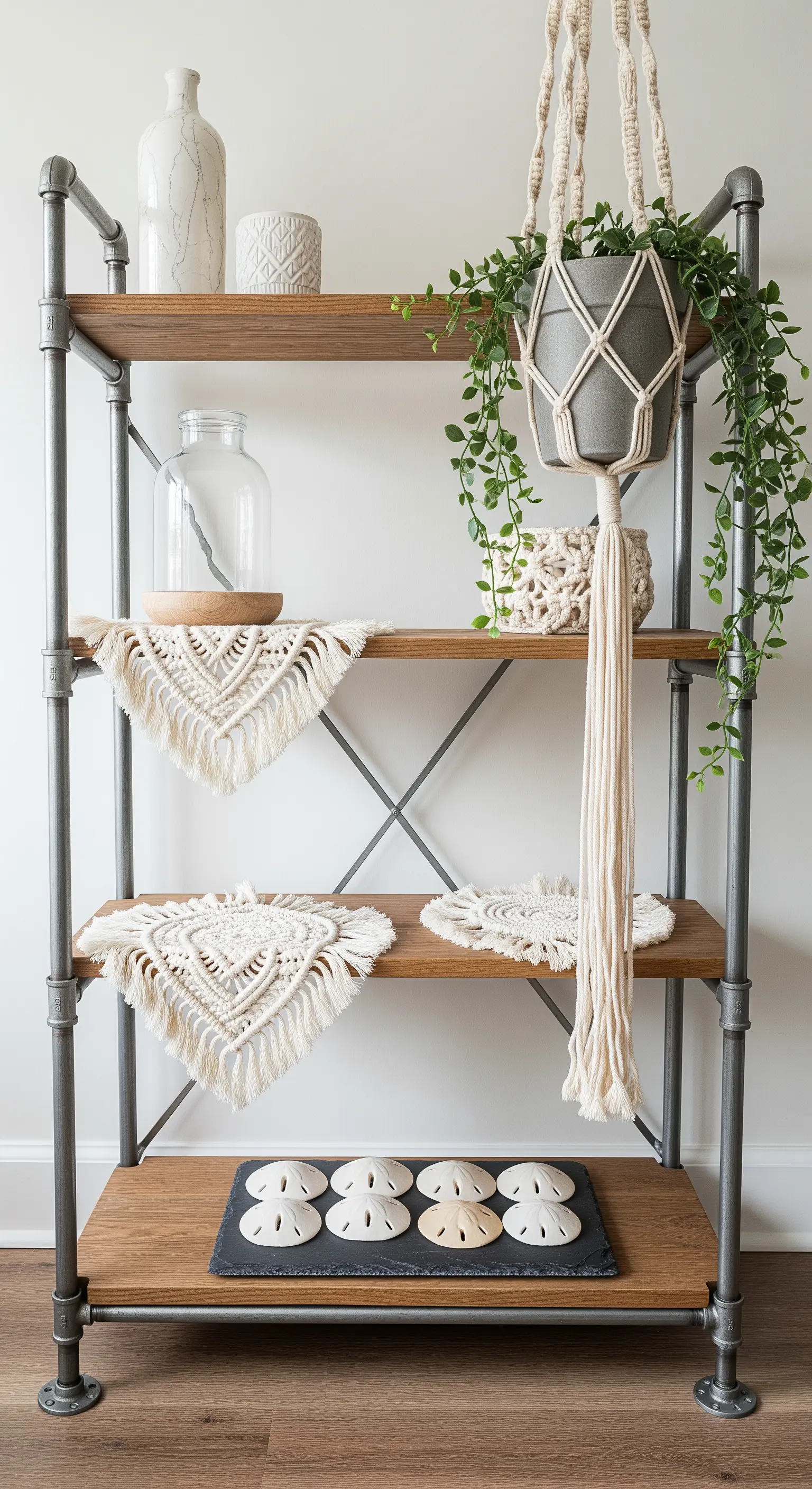 Industrial-Regal mit Makramee-Deckchen, Hängepflanze und Sanddollar auf Schiefer.