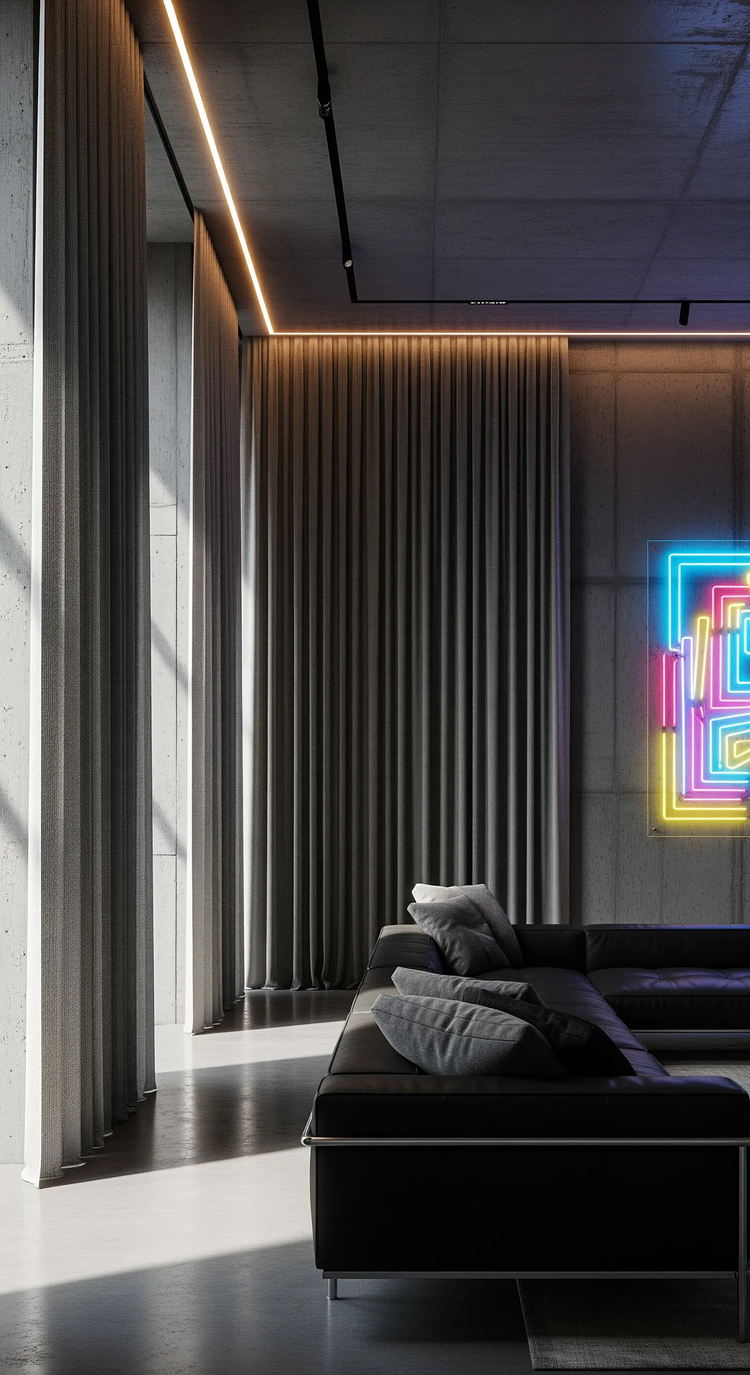 Industrial-Wohnzimmer mit Betonwänden, grauen Vorhängen, Neonkunst und Ledersofa