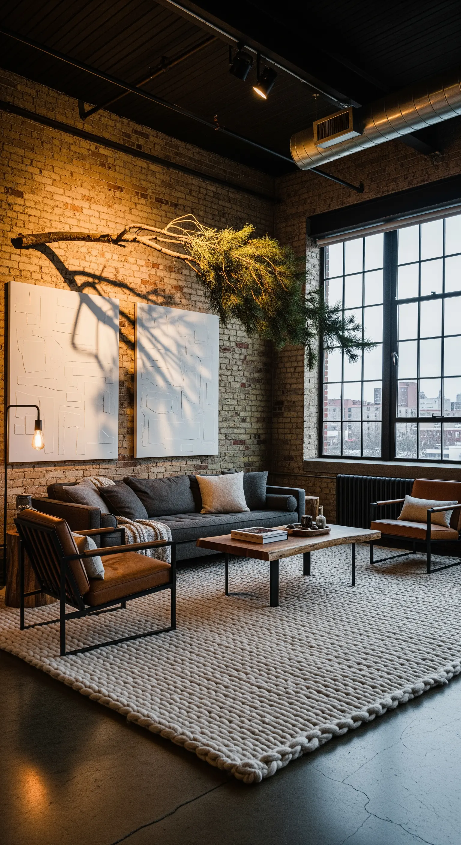 Industrielles Wohnzimmer mit Holzbalken, Tannengrün, Ledersesseln und Ziegelwänden.