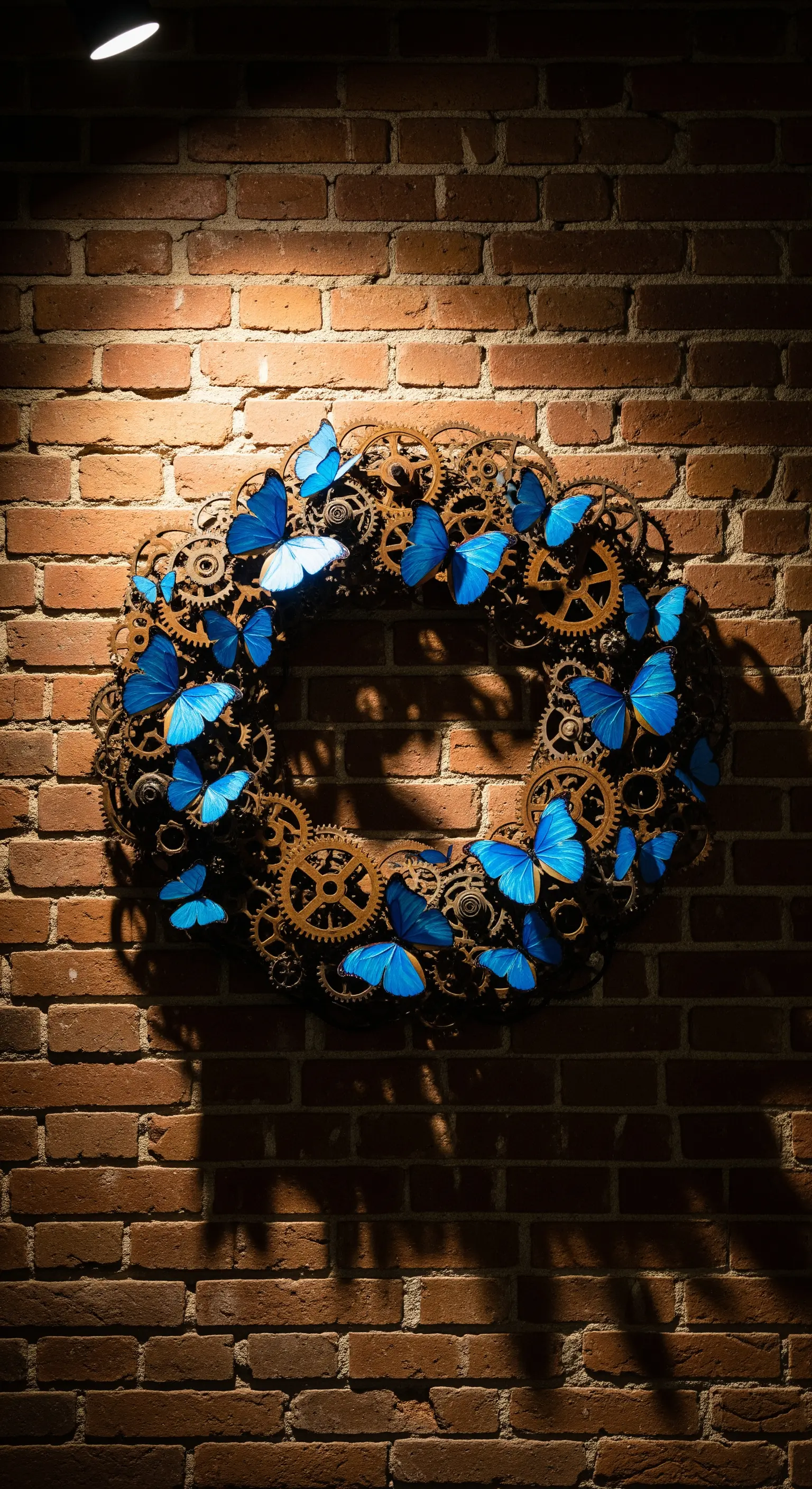 Kranz aus Zahnrädern mit blauen Schmetterlingen an Backsteinwand