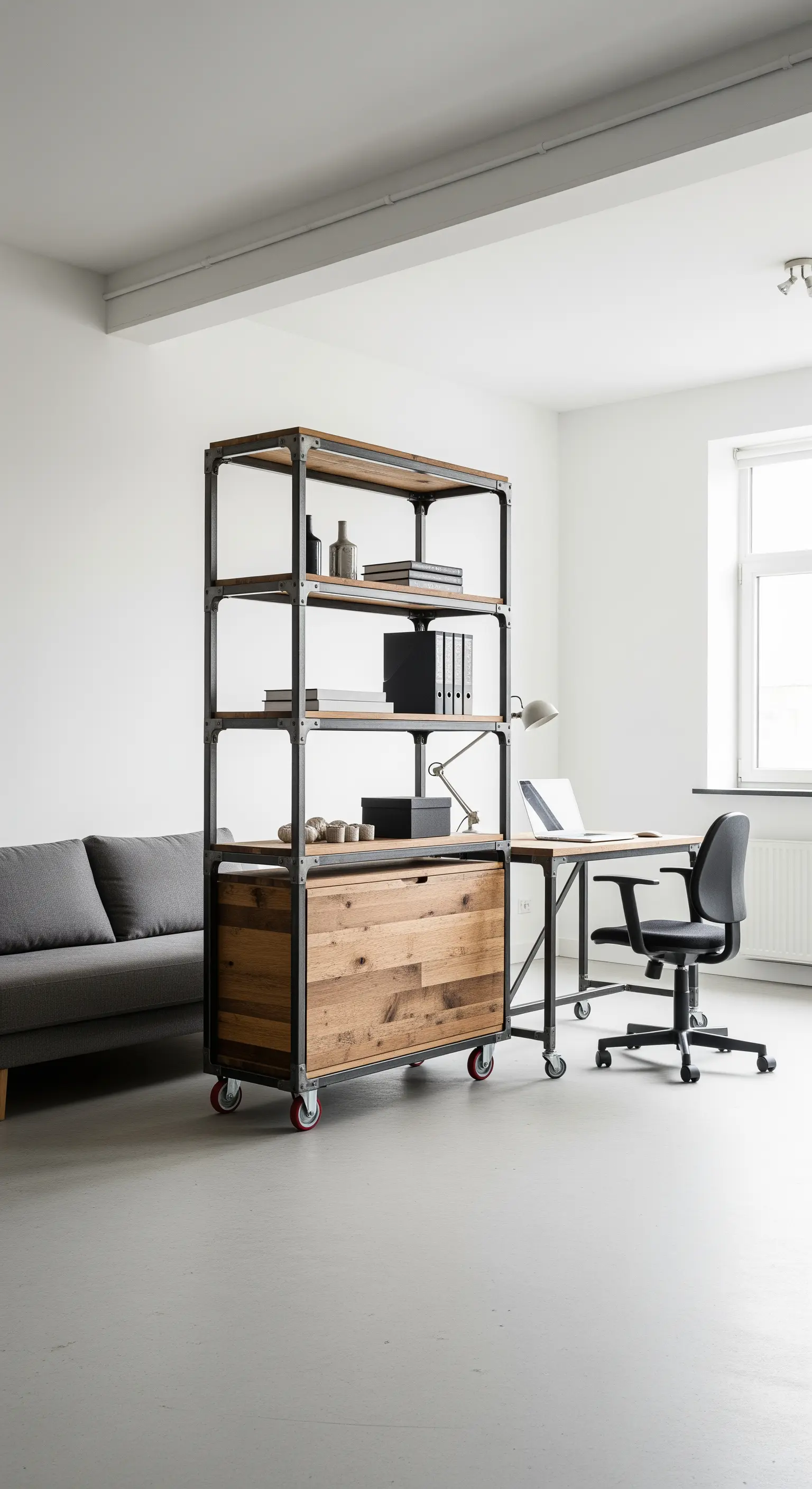 Mobiles Industrieregal auf Rollen als Raumteiler mit integriertem Arbeitsplatz