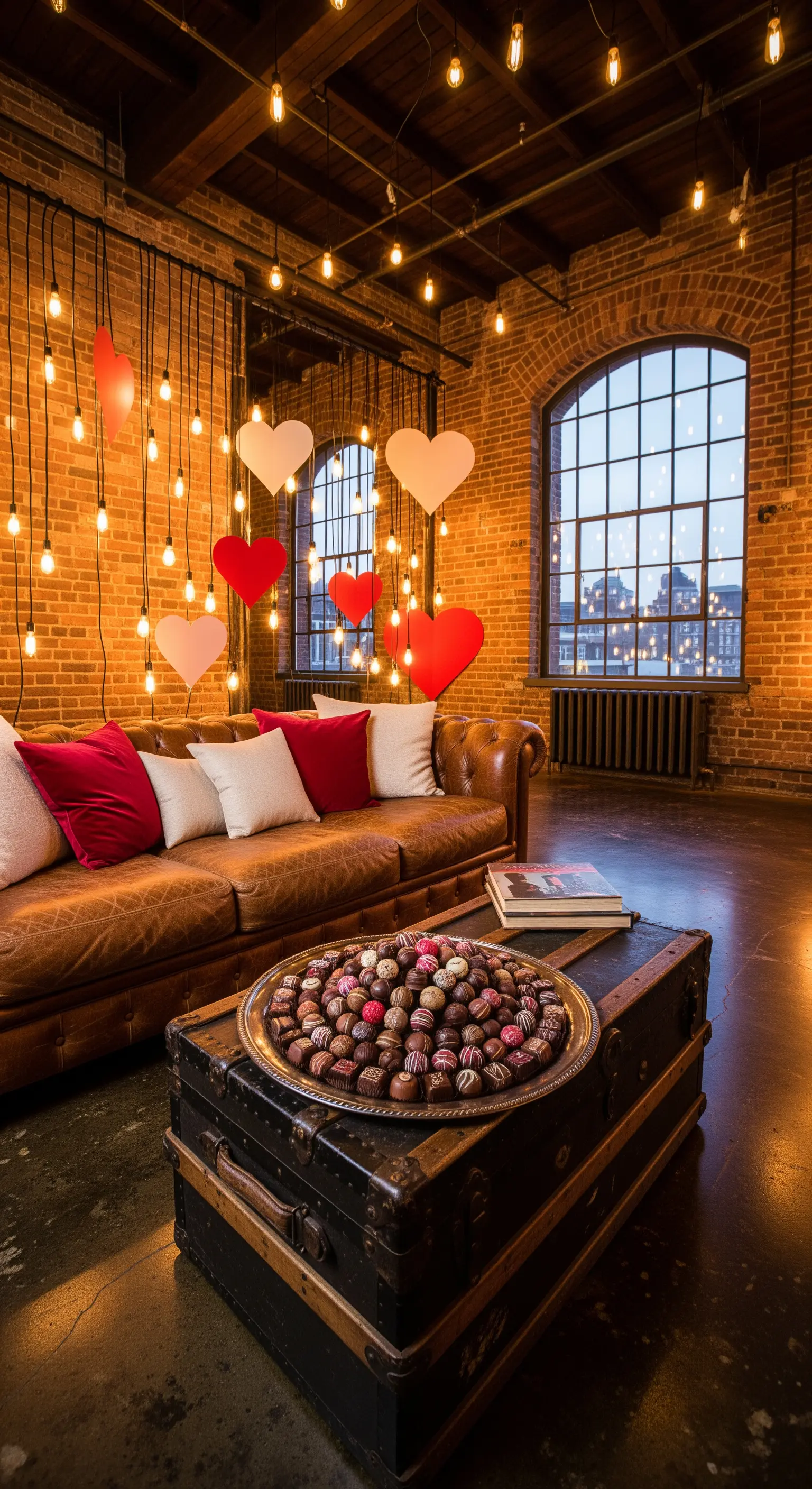Industrial Loft, hängende Herzen, Ledersofa, Pralinen, Glühbirnenkette, Backsteinwand