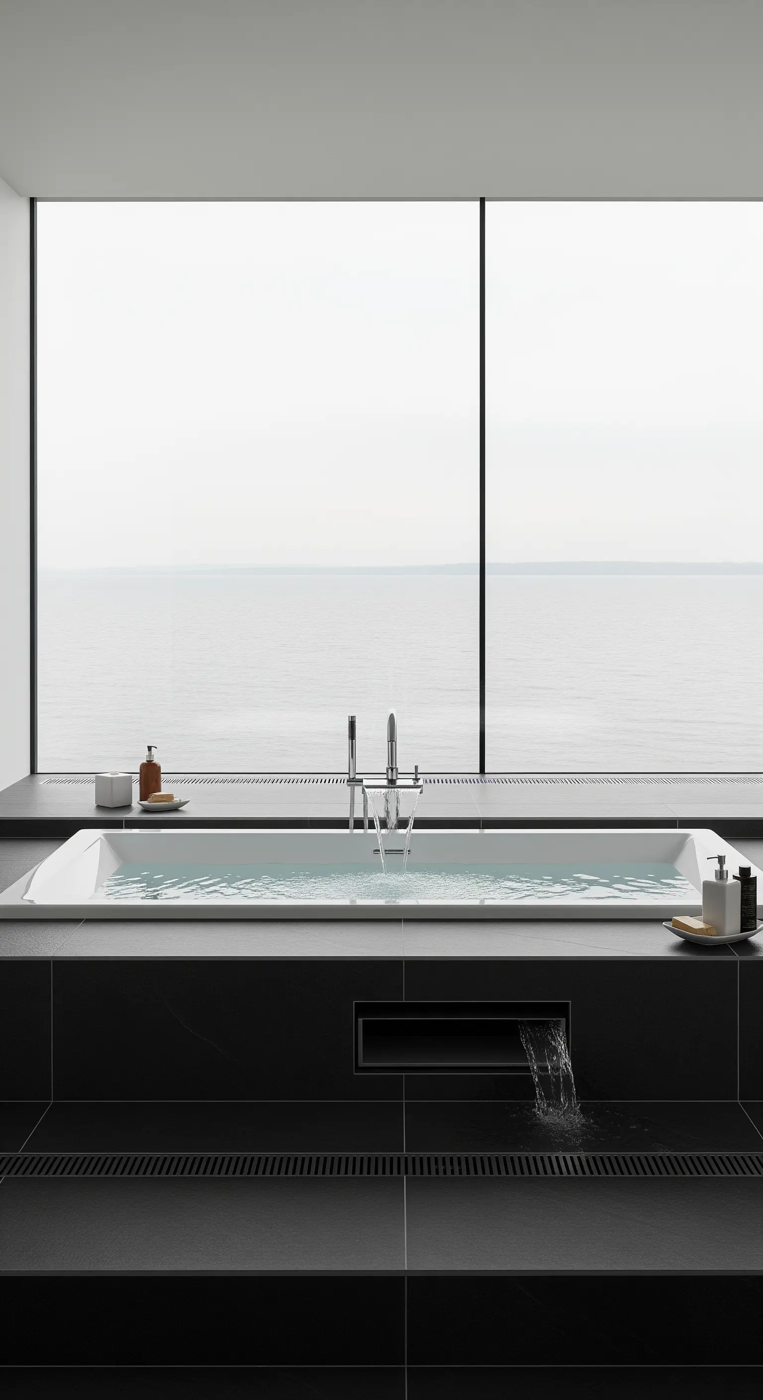 Minimalistische Infinity-Badewanne in einem schwarzen Podest mit weitem Blick auf das Meer