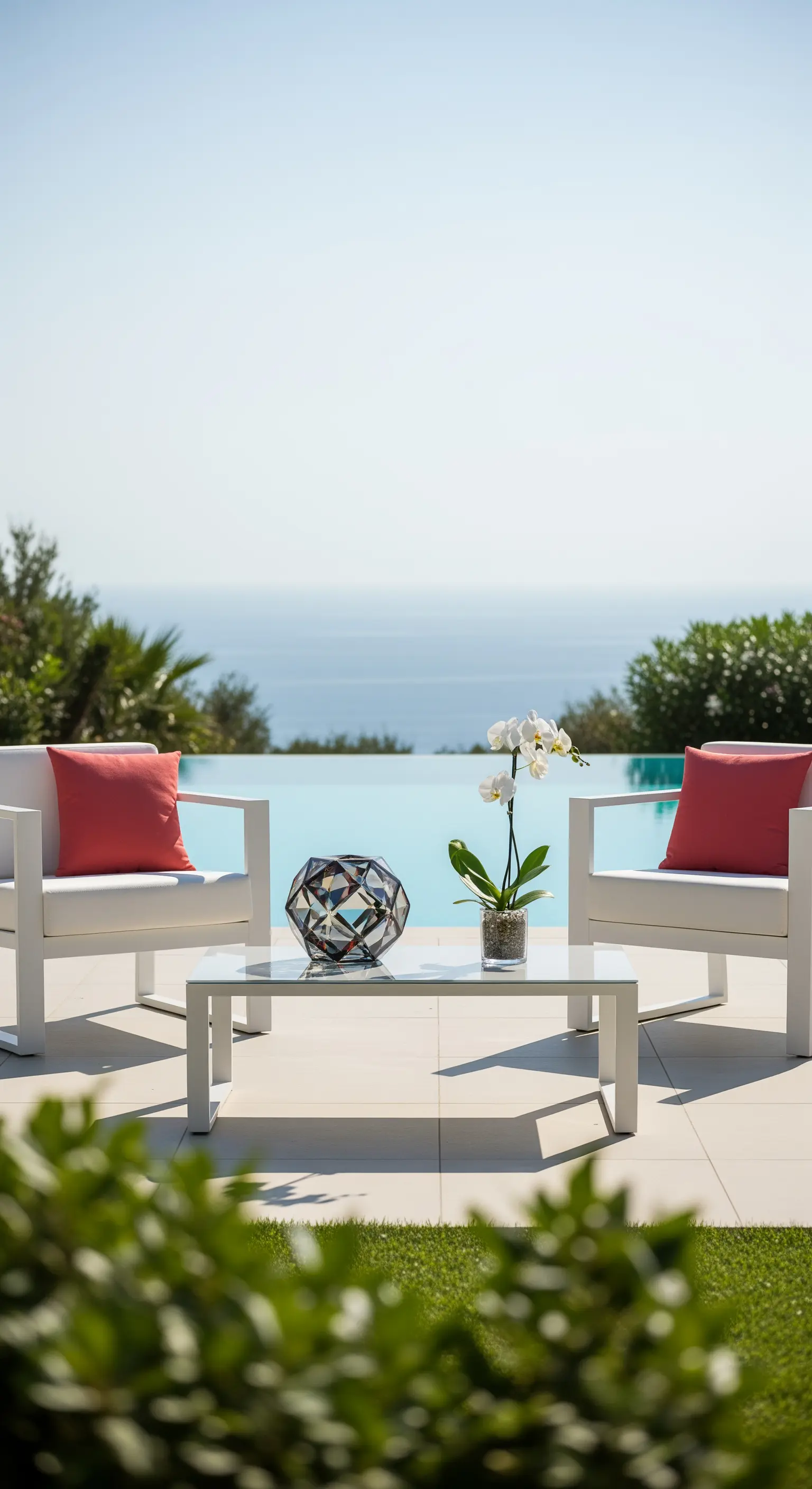 Moderne Poolterrasse mit weißen Möbeln, Orchidee und Meerblick