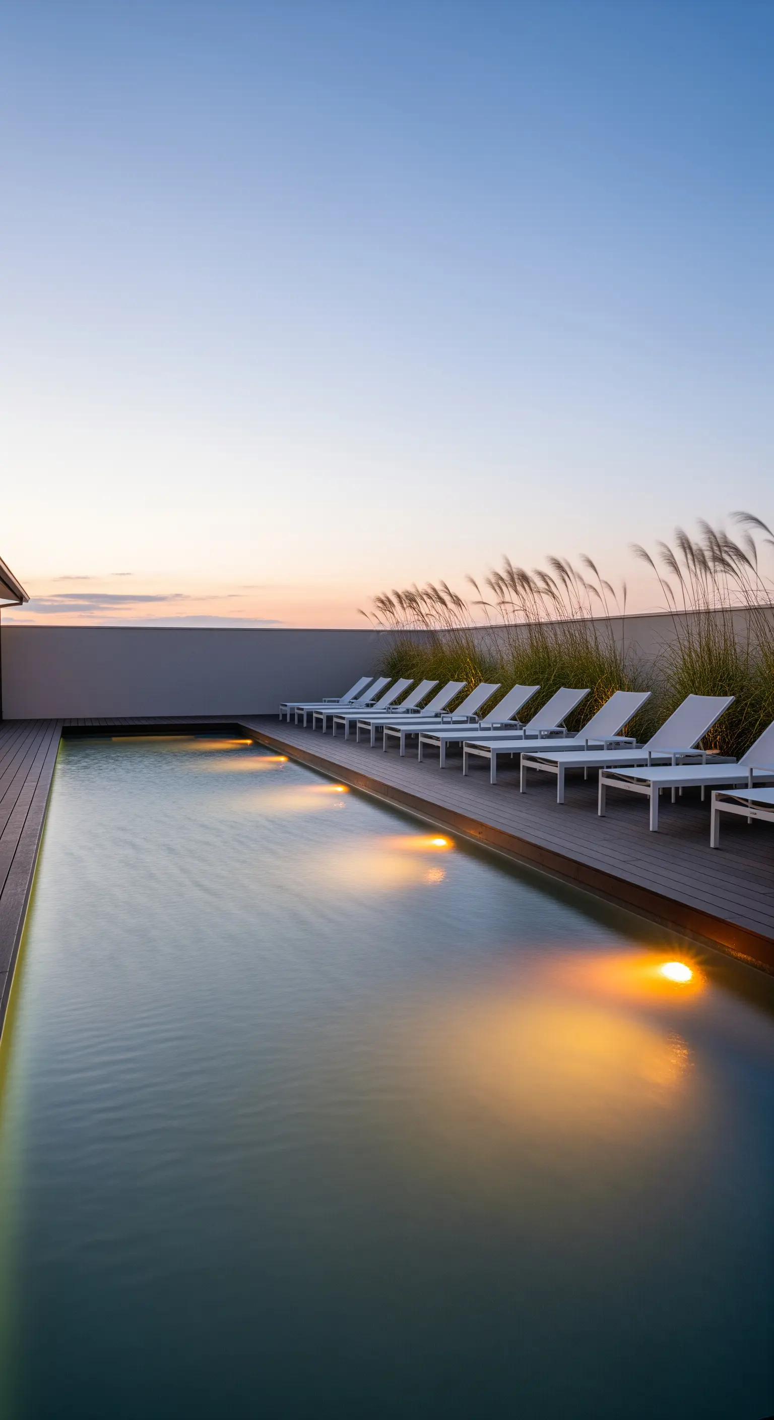Infinity-Pool, Liegestühle, Ziergräser, Abendbeleuchtung