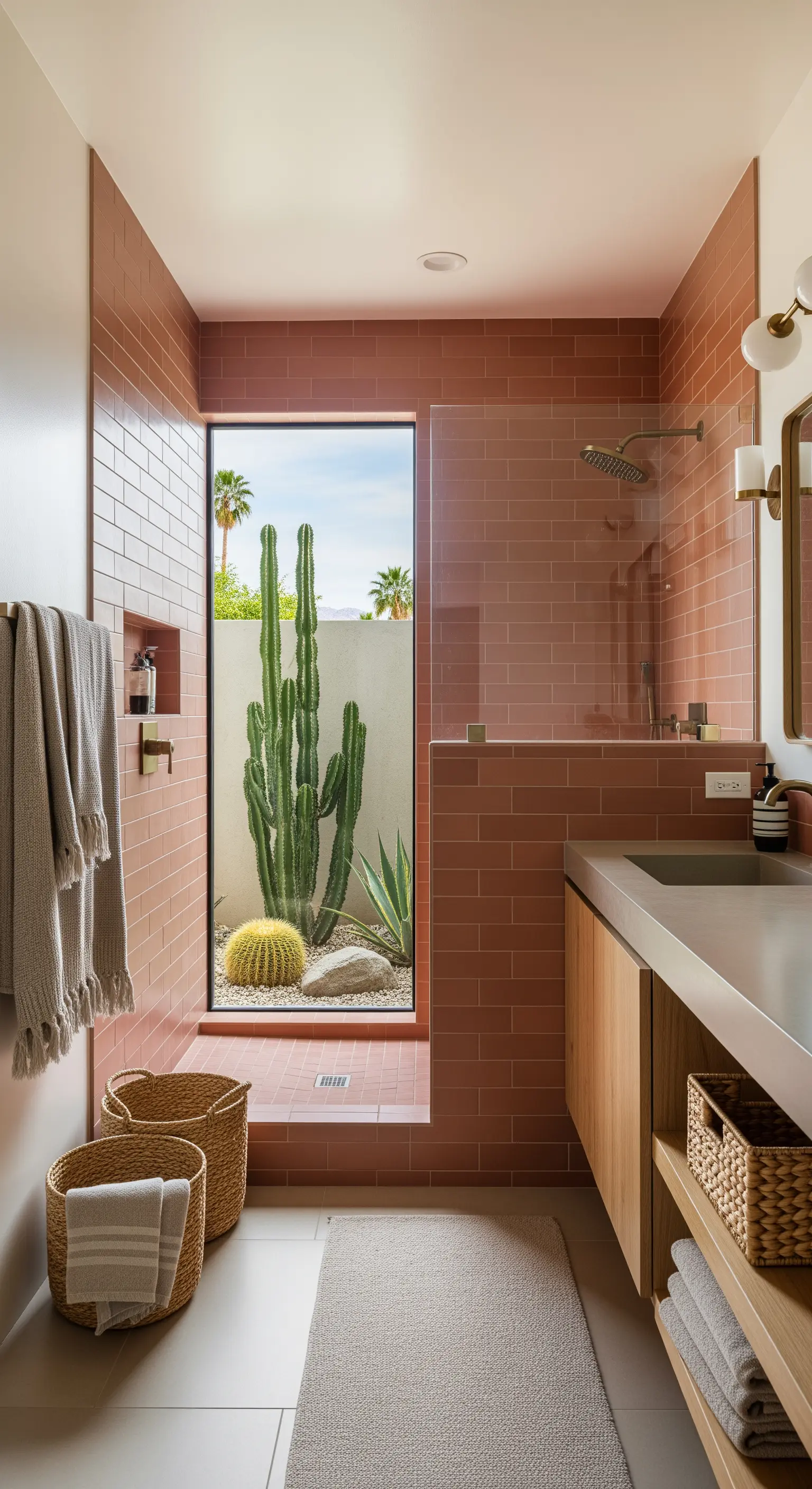 Walk-in-Dusche mit terrakottafarbenen Fliesen und Blick auf einen Kaktusgarten.