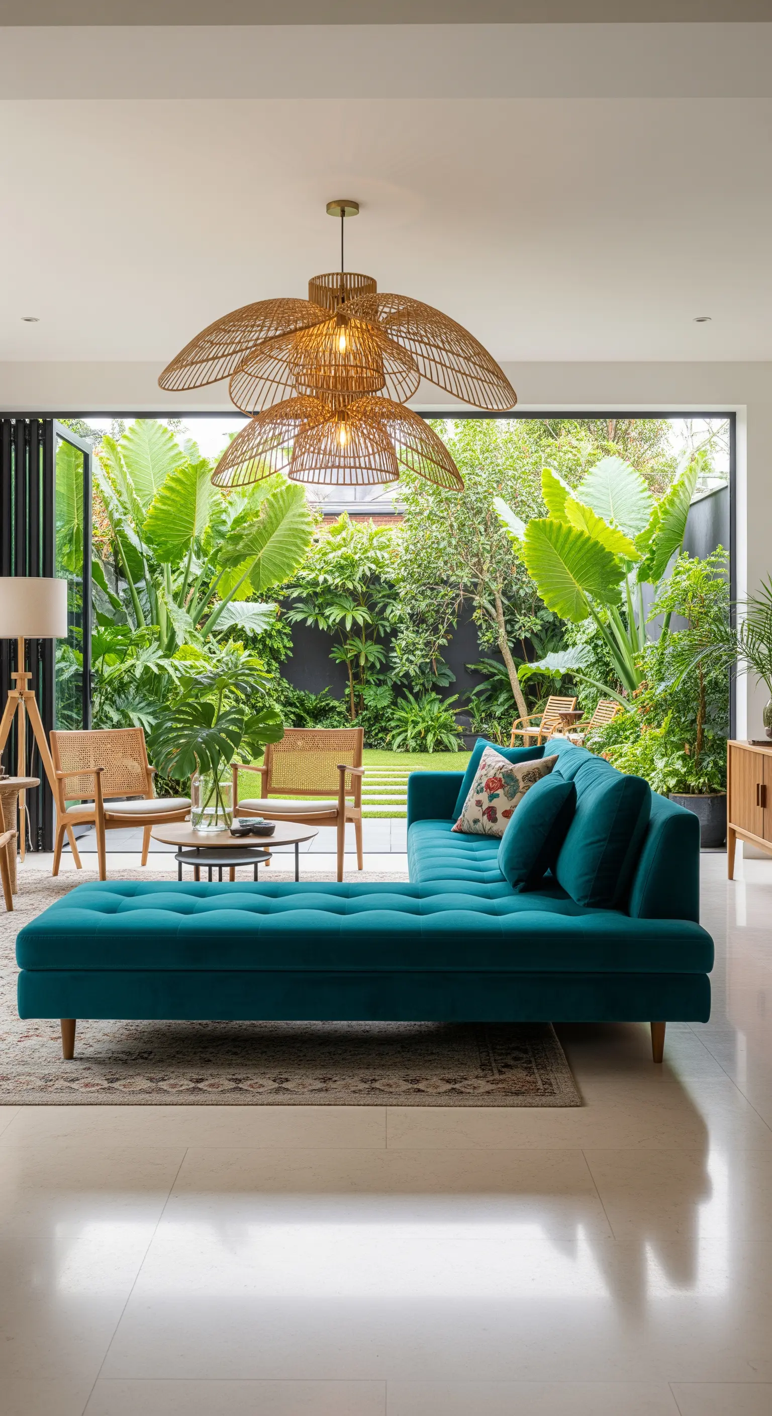 Türkises Samtsofa in einem hellen Raum mit offener Glasfront zu einem tropischen Garten.