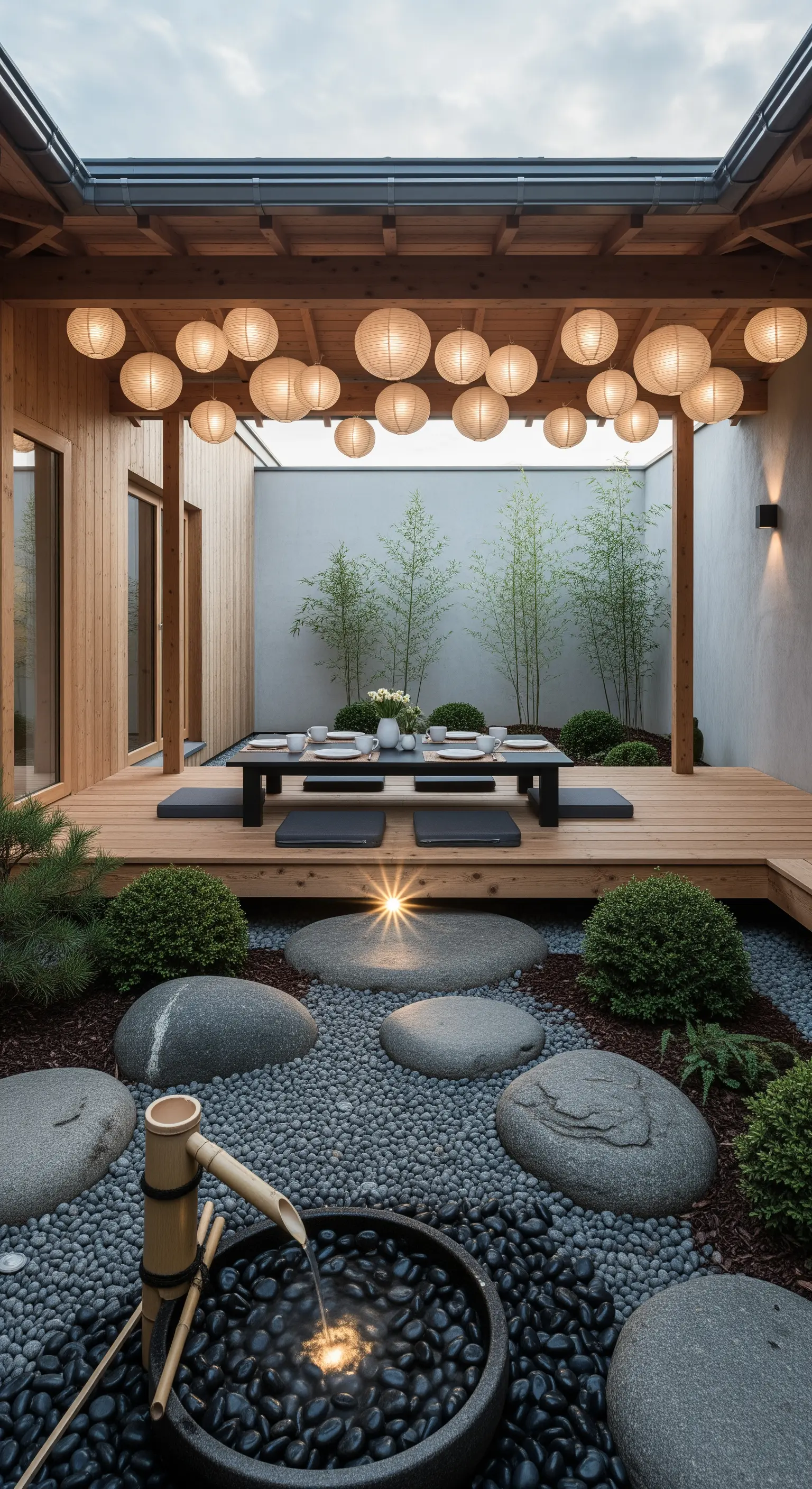 Japandi Innenhof, niedriger Tisch, Bodensitzkissen, Papierlaternen