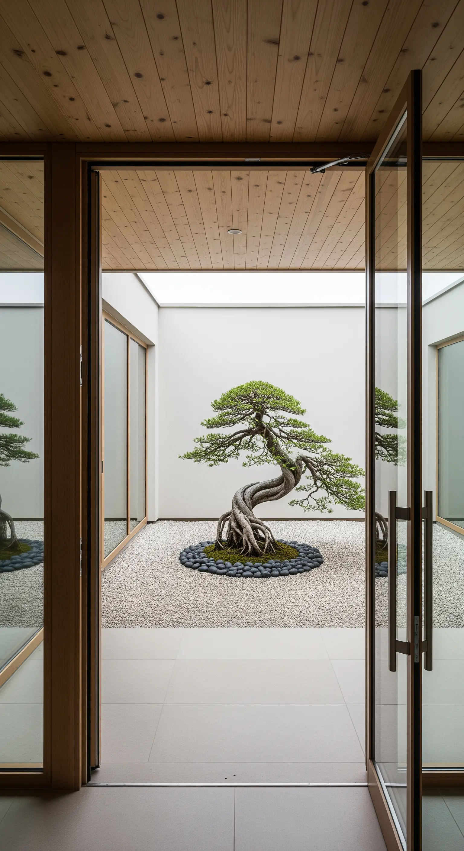 Zentraler Innenhof mit großem Bonsai-Baum, hellem Kies und runden Steinen