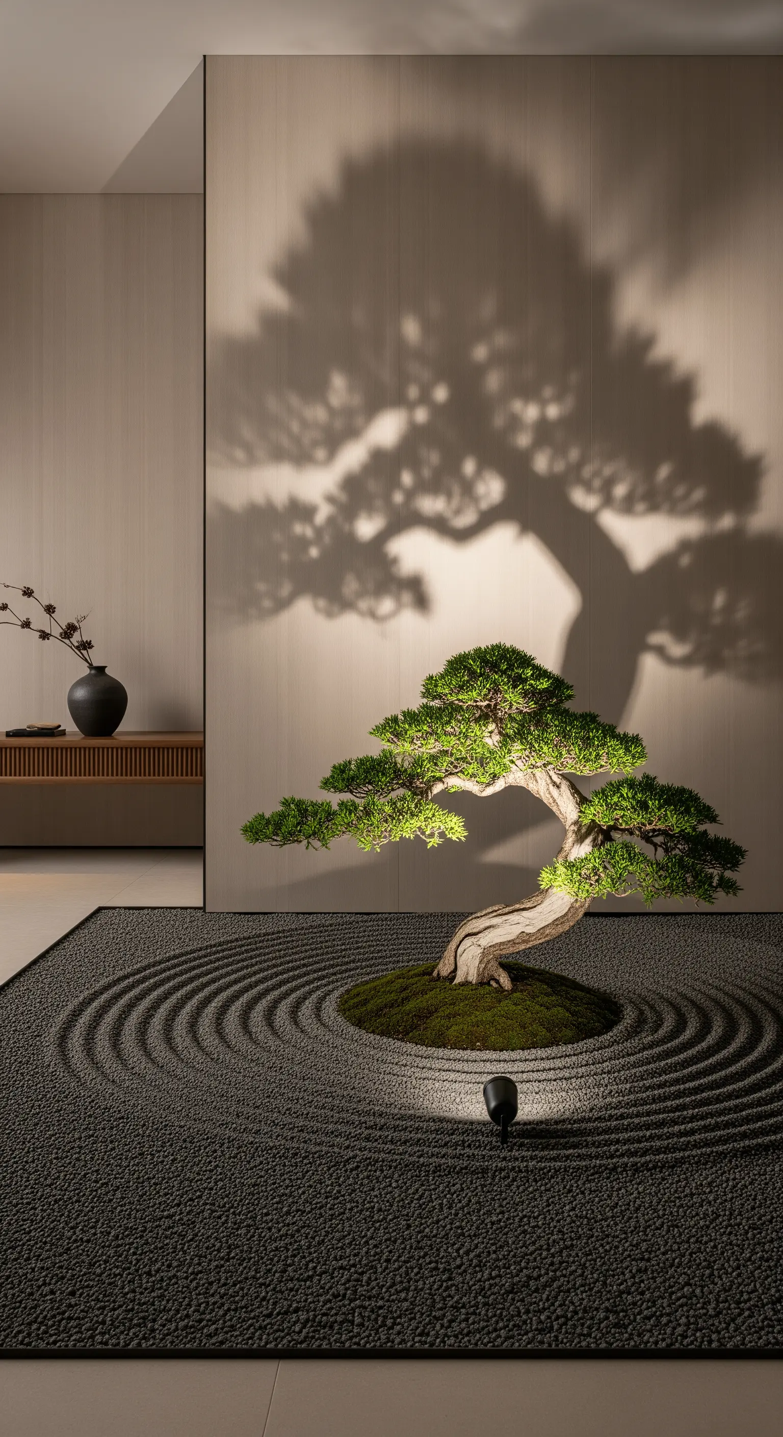 Innenraum-Bonsai mit Schattenwurf auf Wand, umgeben von dunklem Kies und Kreismustern