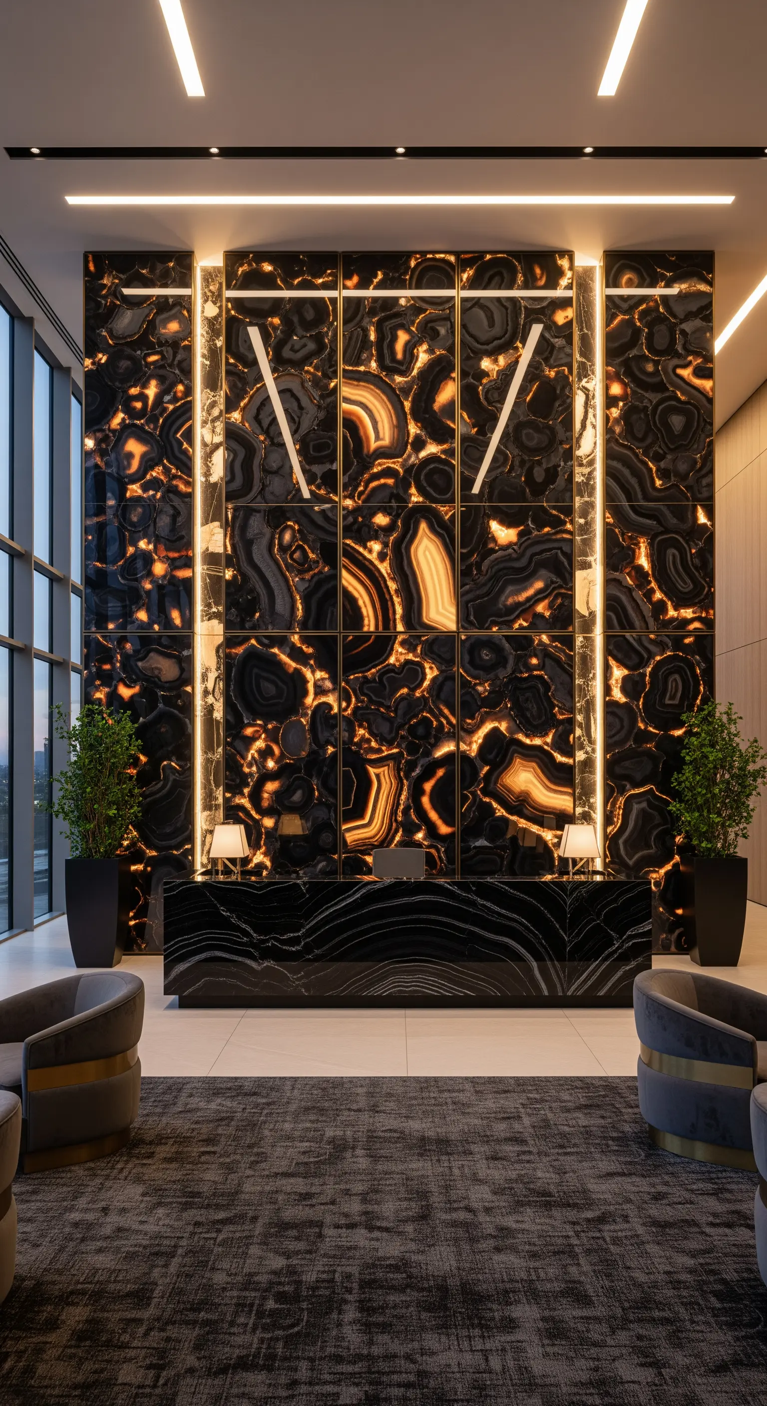 Große, hinterleuchtete Onyx-Wand in einer modernen Lobby, die warm und organisch leuchtet.